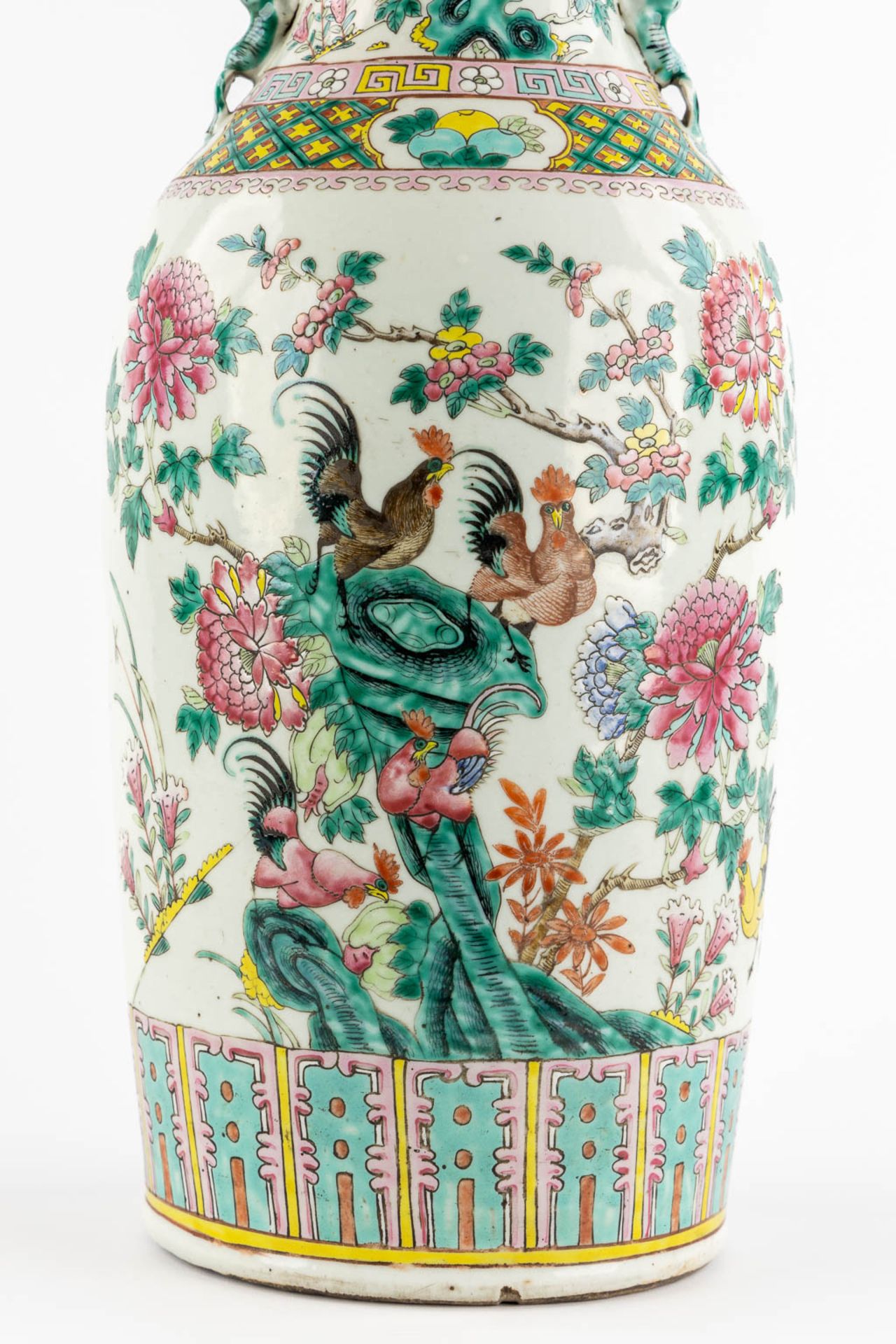 A large Chinese Famille Rose vase decorated with Chicken and Flora. (H:59 x D:23 cm) - Image 10 of 11