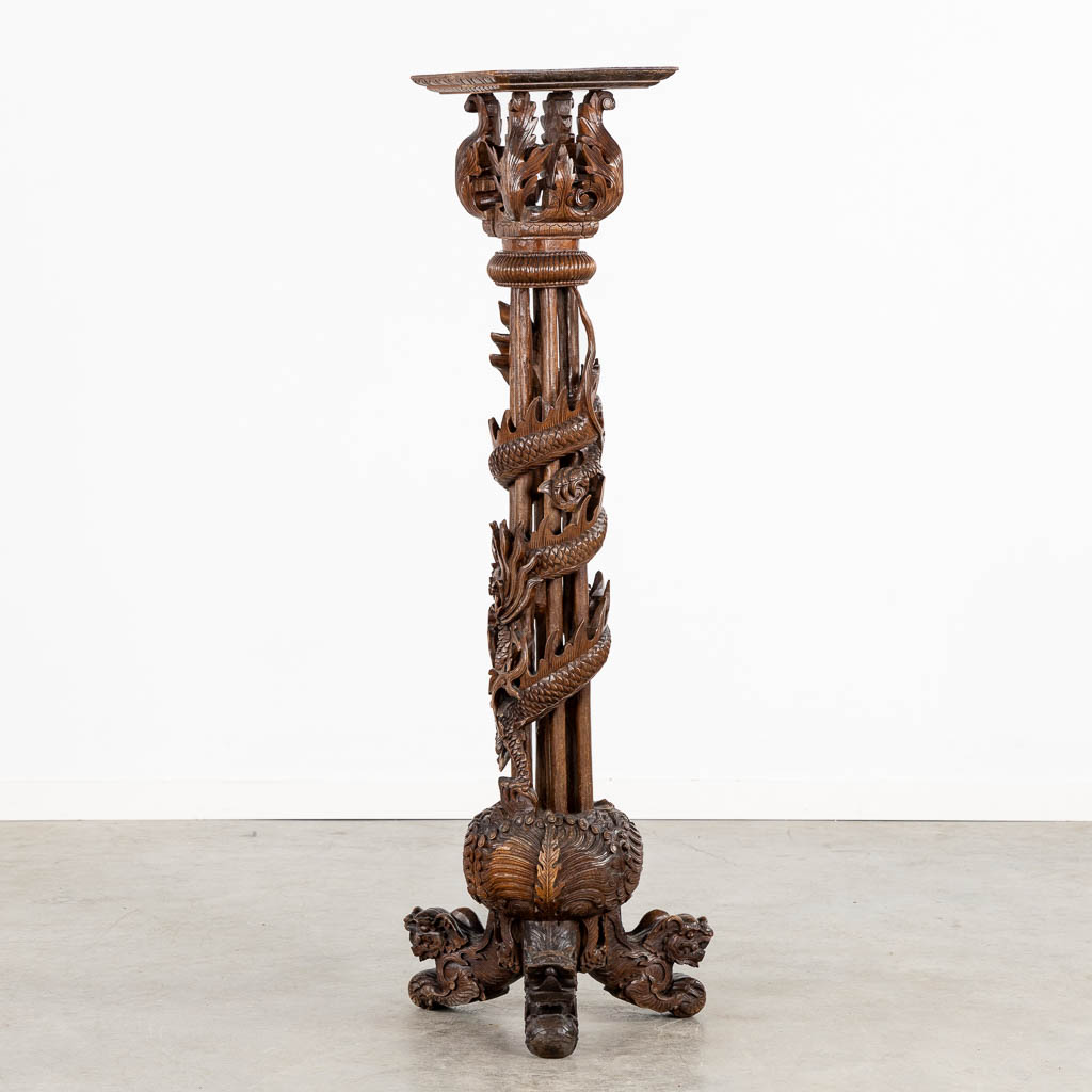 A Oriental hardwood pedestal with a sculptured dragon. (W:42 x H:125 cm) - Image 3 of 13