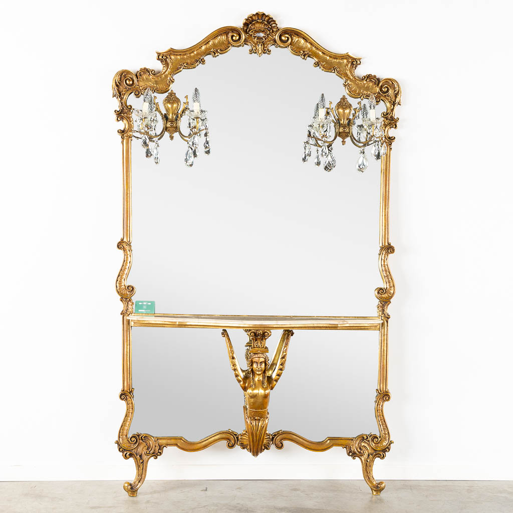 An Italian console table, mirror and wall lamps, gilt, Lodewijk XV stijl. (L:36 x W:131 x H:217 cm) - Image 2 of 13