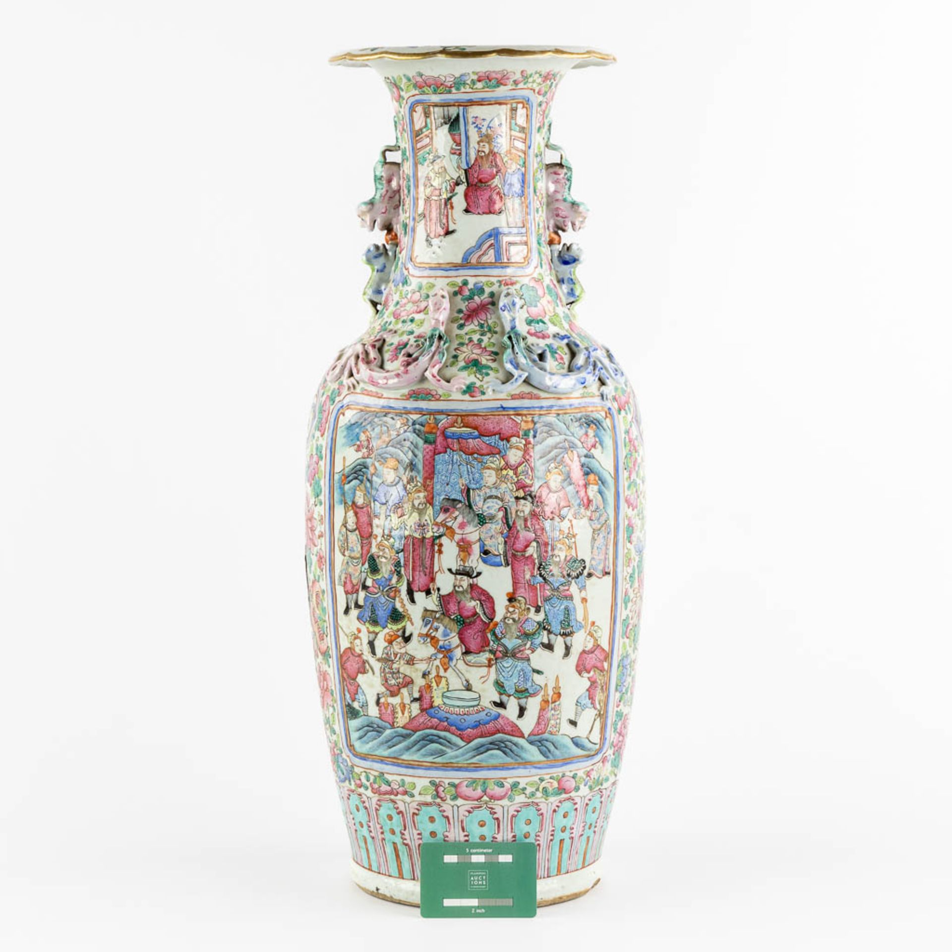 A Chinese Famille Rose vase decorated with figurines. (H:63,5 x D:23 cm) - Image 2 of 13