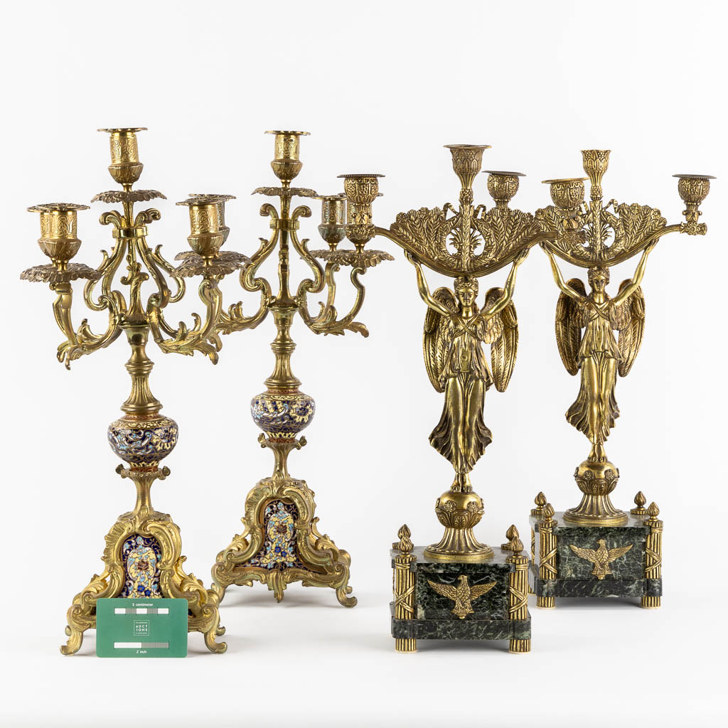 Two pairs of candelabra, bronze and cloisonné, Empire and Louis XVI style. (H:49 x D:26 cm) - Image 2 of 18