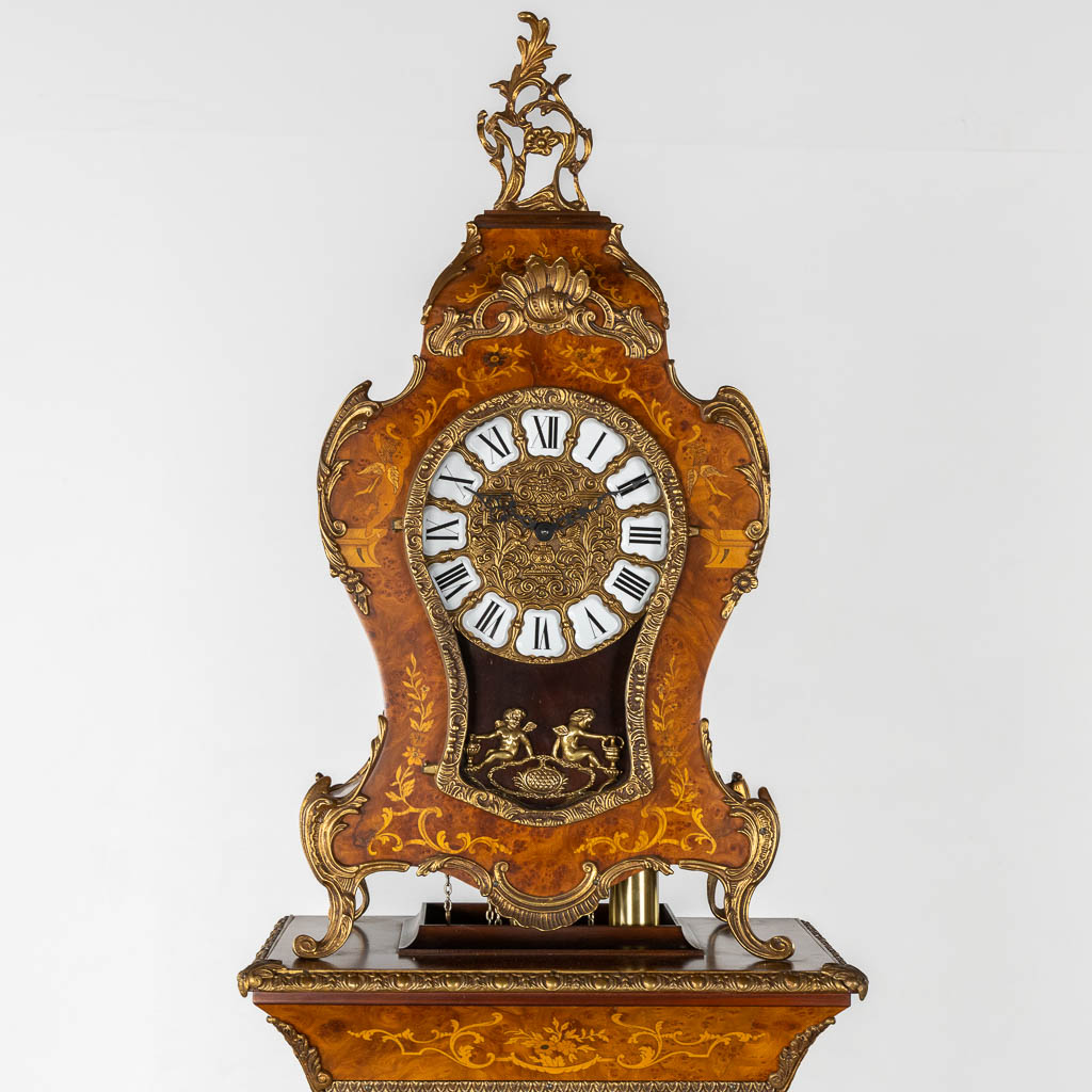 A cartel clock on a pedestal, Westminster movement, marquetry inlay and mounted with bronze. (L:29 x - Image 9 of 15