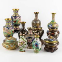 Twelve pieces of Cloisonné enamelled vases and trinklet bowls. Three pairs. (H:23 cm)