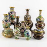 Twelve pieces of Cloisonné enamelled vases and trinklet bowls. Three pairs. (H:23 cm)