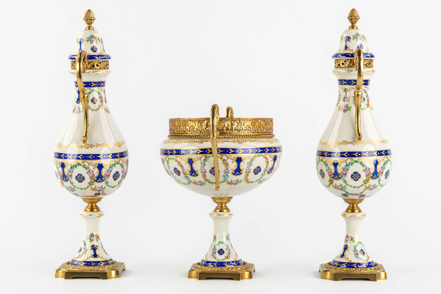 A.C.F. a three-piece mantle garniture, glazed ceramics mounted with bronze. (H:41 cm) - Image 4 of 13