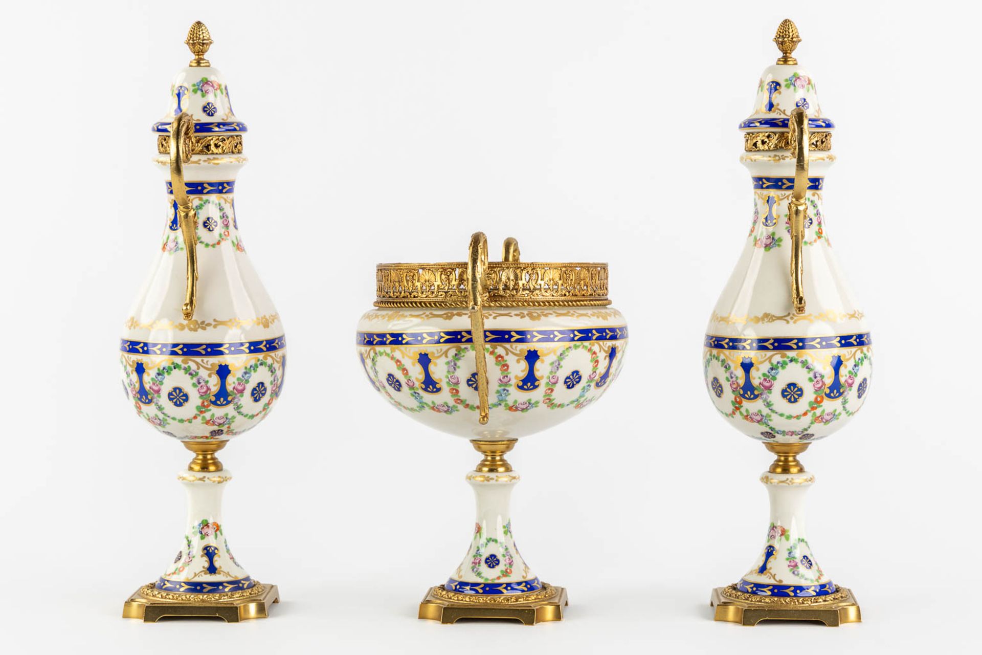 A.C.F. a three-piece mantle garniture, glazed ceramics mounted with bronze. (H:41 cm) - Bild 4 aus 13