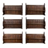 6 identical 'Church Benches' sculptured oak, Gothic Revival. (L:46 x W:164 x H:100 cm)