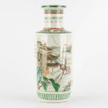 A Chinese Famille Verte 'Roulleau' vase, decorated with calligraphy and a landscape. (H:46 x D:19 cm