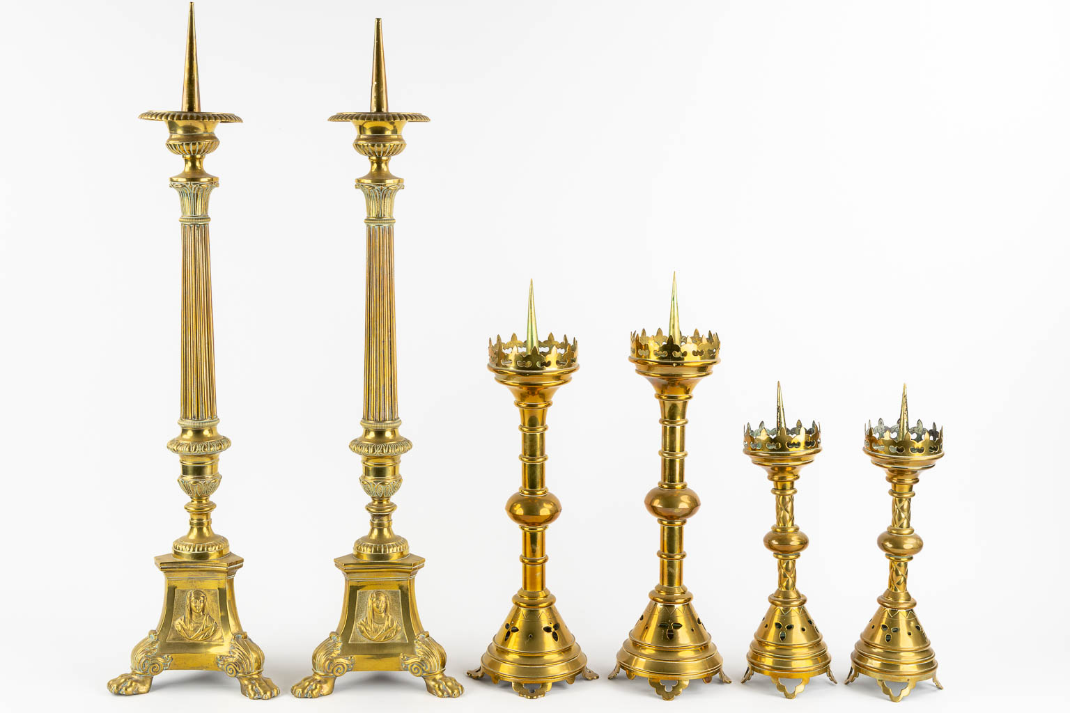 Three pairs of Church candlesticks, brass. Gothic Revival. (H:86 cm) - Image 4 of 16