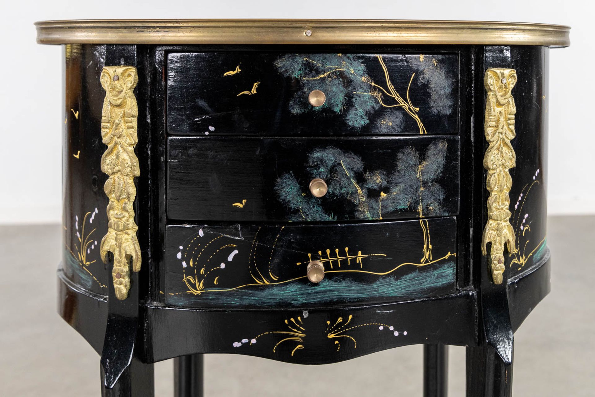 Three small side tables, marquetry and painted decor. 20th C. (L:30 x W:44 x H:71 cm) - Image 14 of 14
