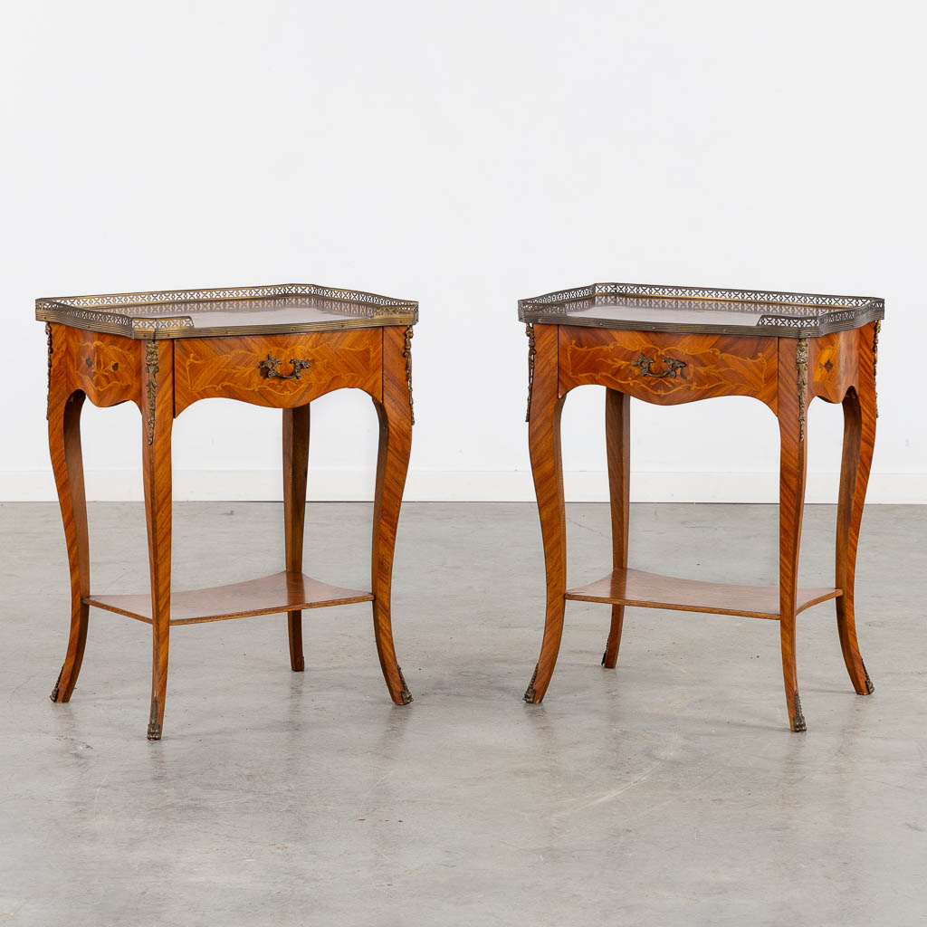 A pair of side tables, marquetry inlay and mounted with bronze. (L:37 x W:51 x H:65 cm)