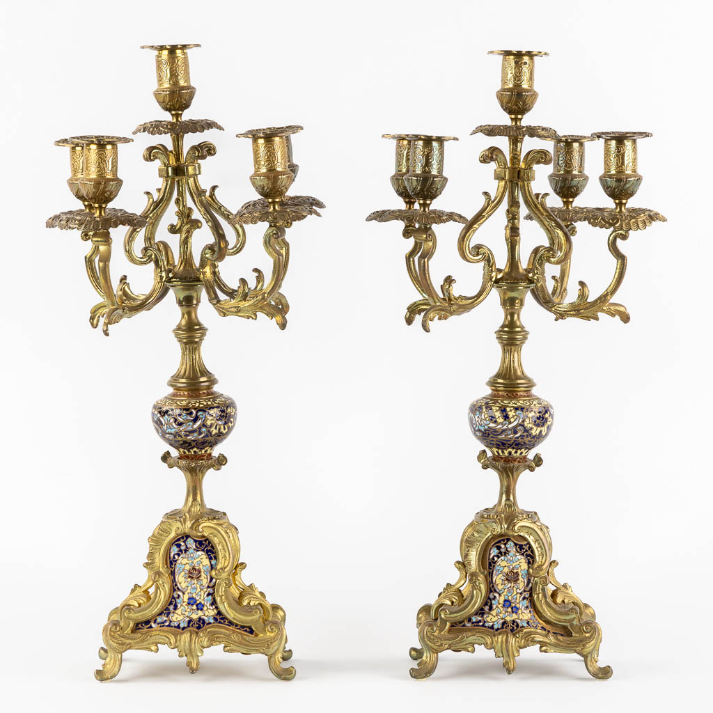 Two pairs of candelabra, bronze and cloisonné, Empire and Louis XVI style. (H:49 x D:26 cm) - Image 3 of 18