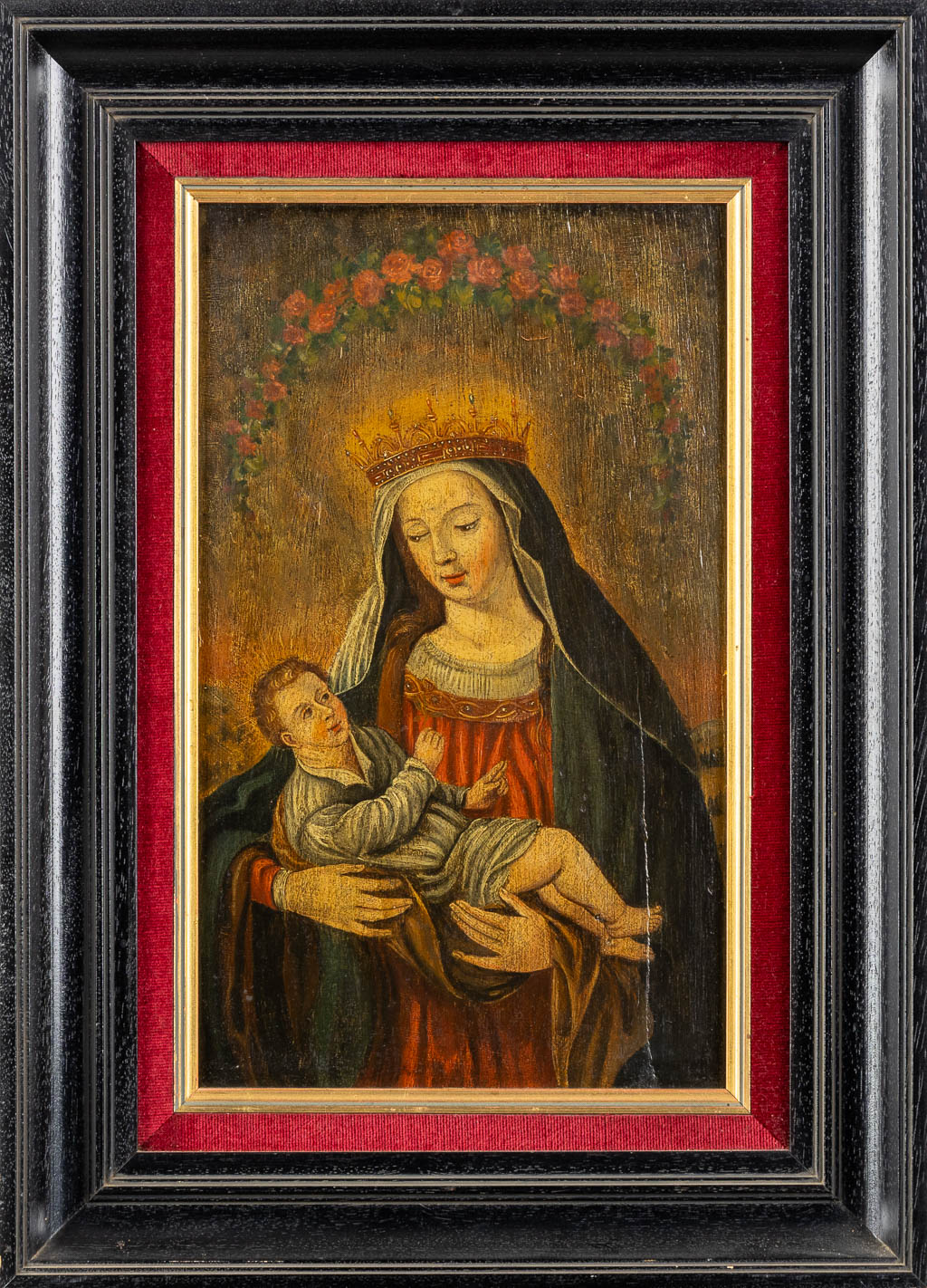 Madonna with child and roses, Oil on panel. 18th C. (W:27 x H:45 cm) - Image 3 of 6