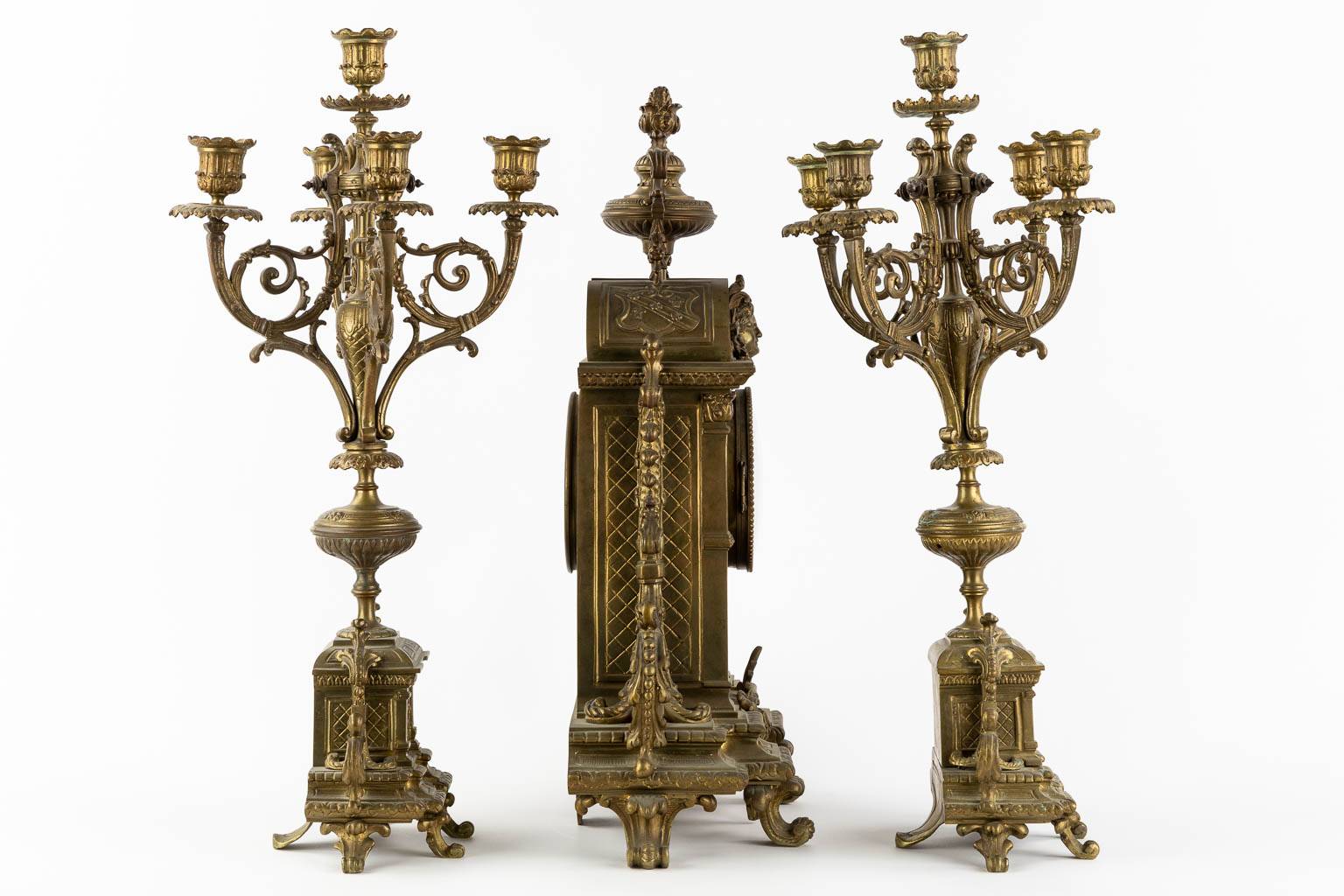 A three-piece mantle garniture clock and candelabra, patinated bronze. (L:16 x W:33 x H:50 cm) - Image 4 of 13