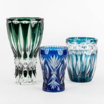 Three cut and coloured crystal vases, the largest signed Val Saint Lambert. (H:28 x D:16 cm)