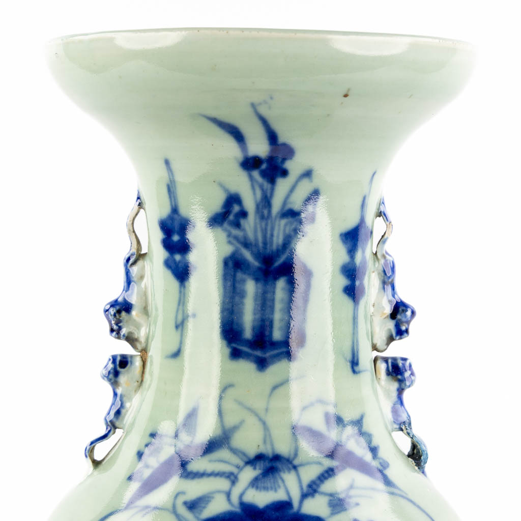 A Chinese celadon vase, decorated with flowers. 19th C. (H:56 x D:22 cm) - Image 9 of 12