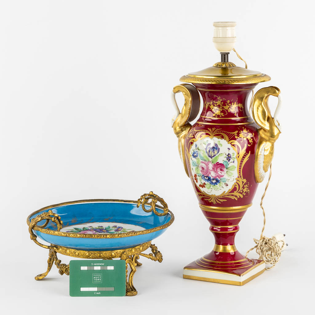 Limoges and Sèvres marks, a lamp base and a tazza with a hand-painted flower decor. (H:40 cm) - Image 2 of 14