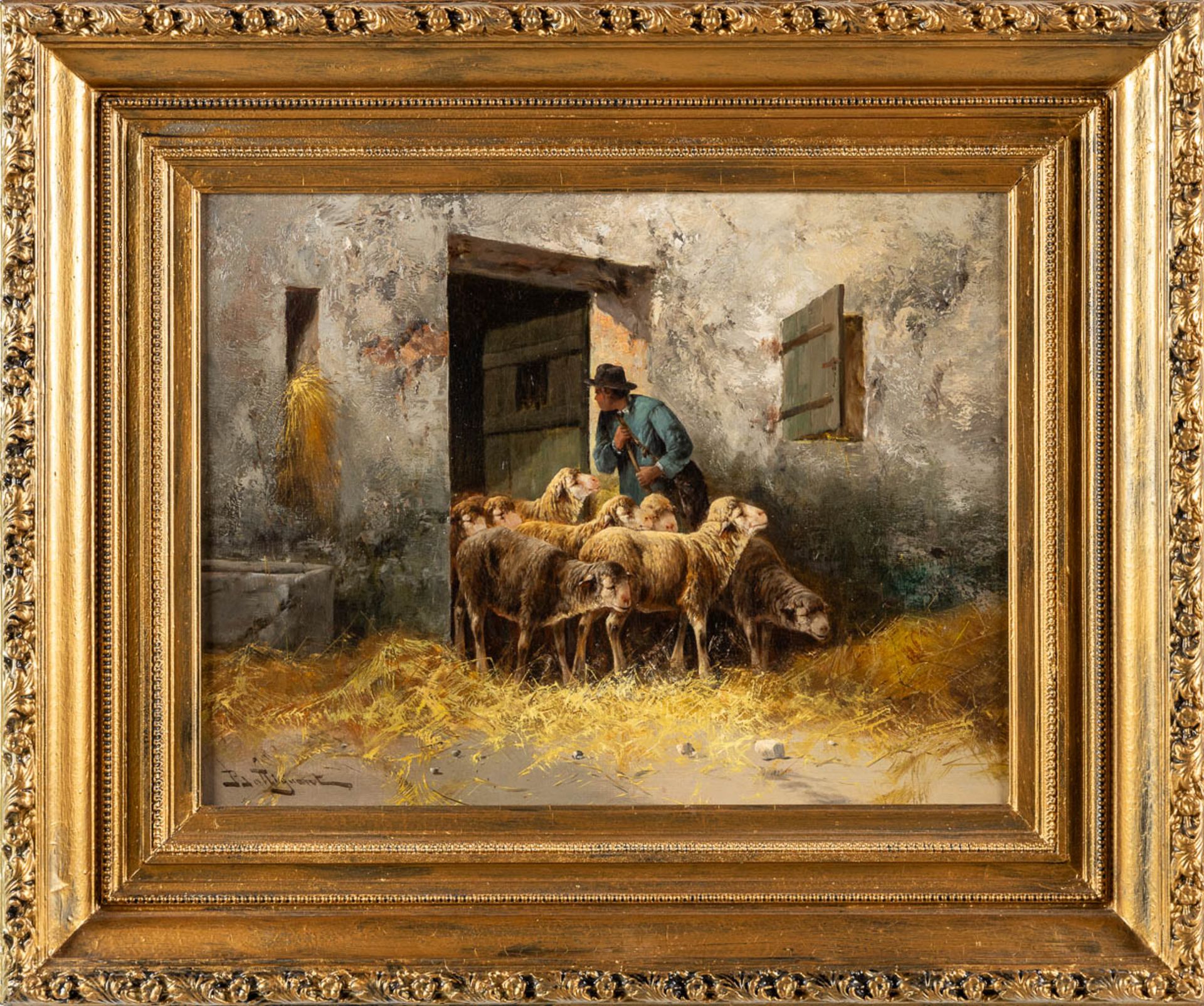 Jules BAHIEU (1847-1916) 'The Sheep Barn'. (W:65,5 x H:49,5 cm) - Image 3 of 6