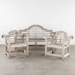 A large garden bench and two armchairs, teak. (L:60 x W:200 x H:105 cm)