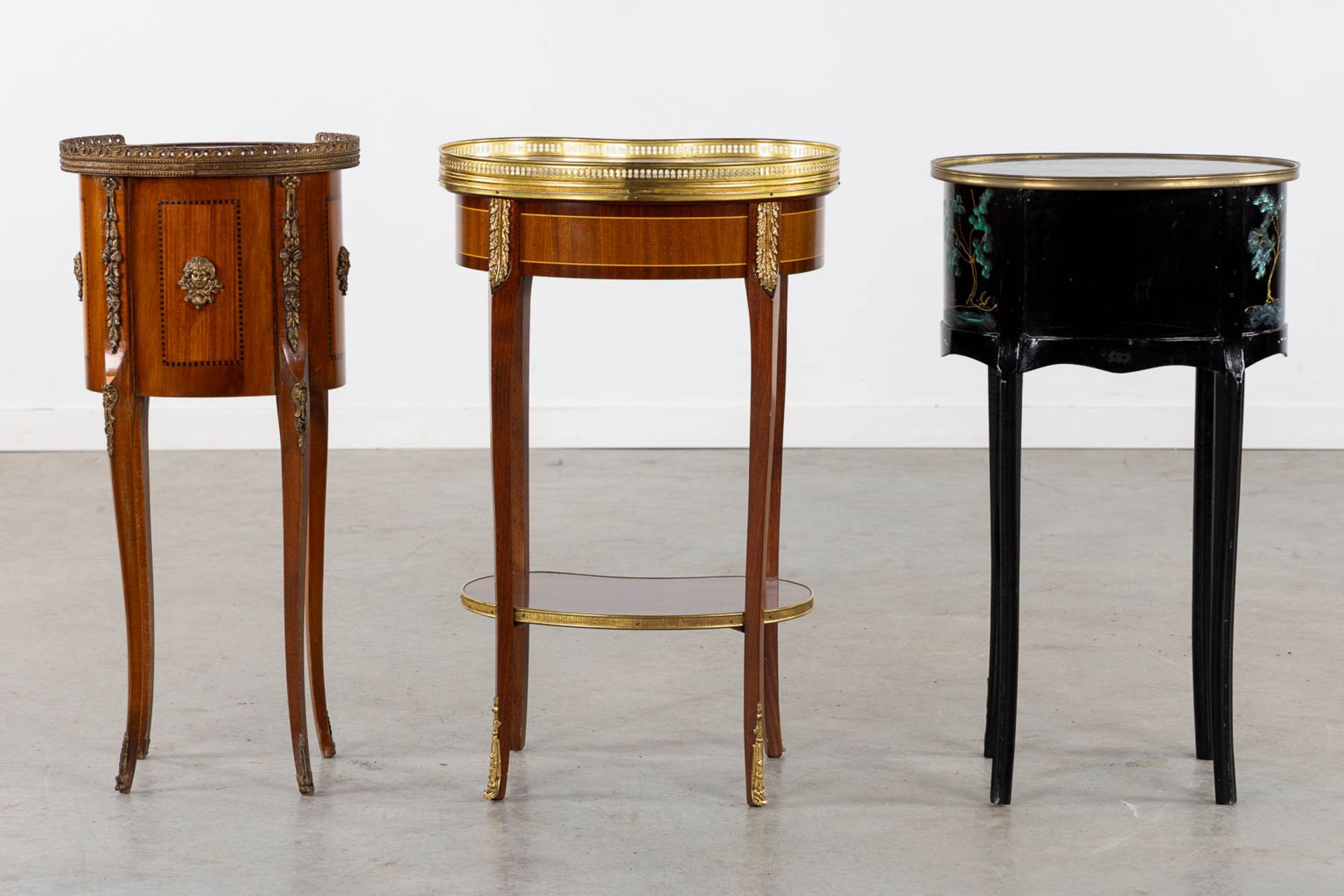 Three small side tables, marquetry and painted decor. 20th C. (L:30 x W:44 x H:71 cm) - Image 6 of 14