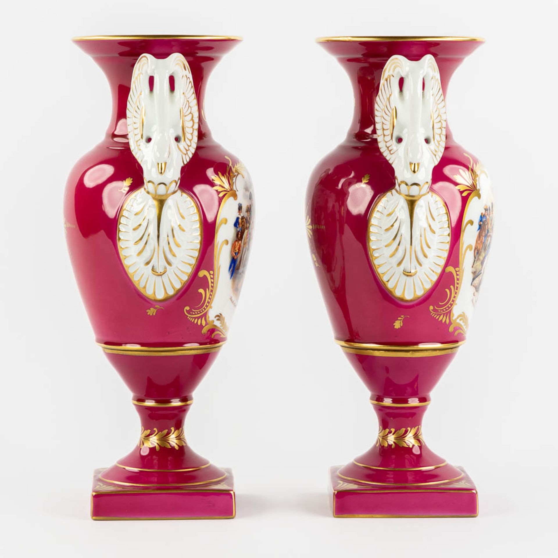 Porcelaine De Couleuvre, a pair of vases decor 'Napoleon', Empire style. (L:17 x W:25 x H:40 cm) - Image 3 of 13