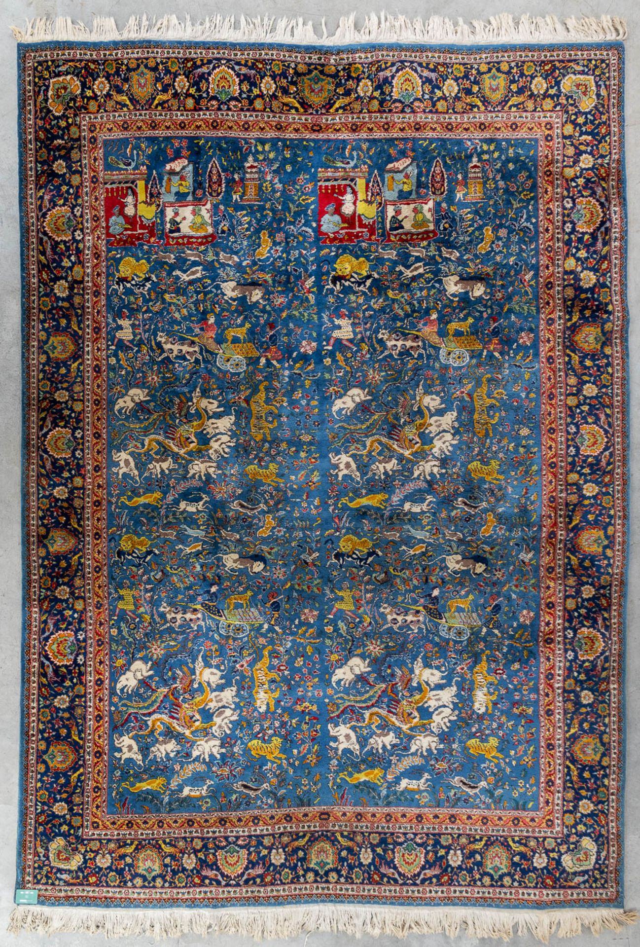 An Oriental hand-made carpet with figurative decor, Tabriz. (L:340 x W:243 cm) - Image 2 of 11