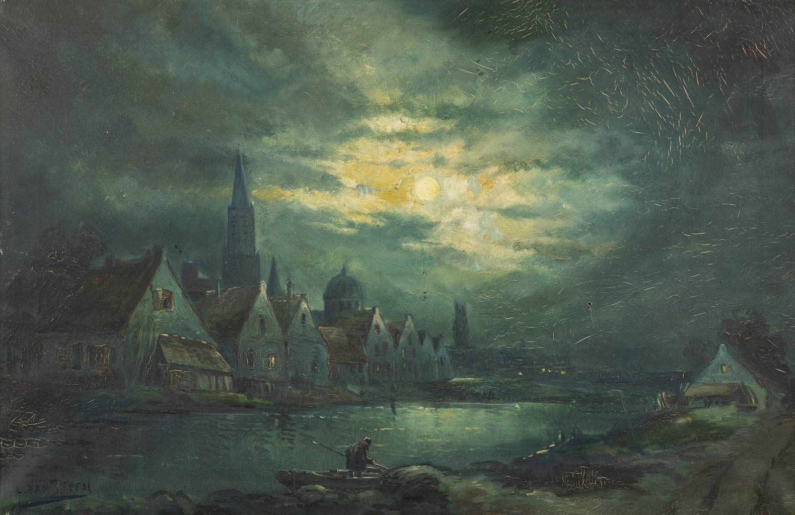 Jos VAN STEEN (XIX-XX) 'A Pendant: Night Views'. (W:89 x H:60 cm) - Image 10 of 15