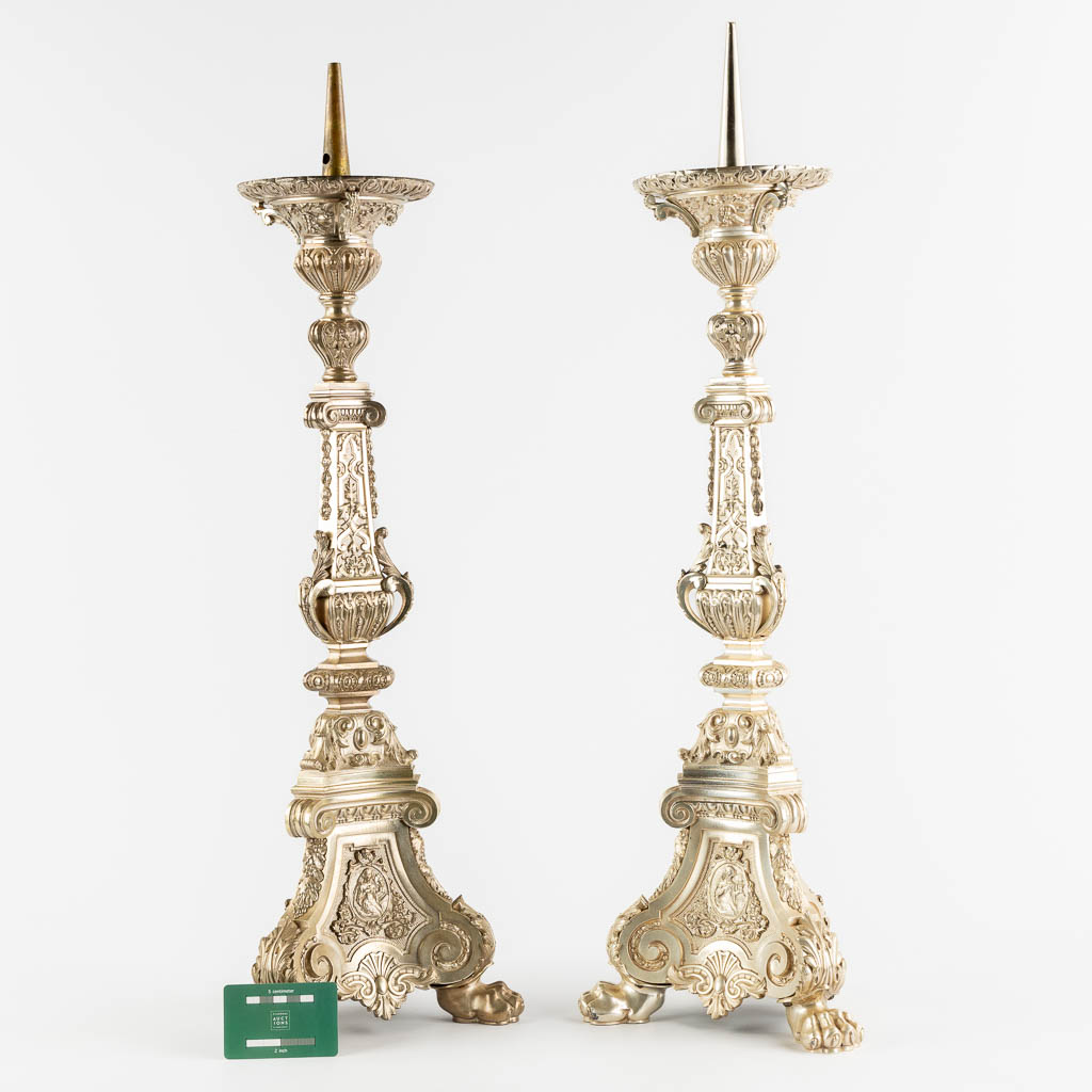 A pair of church candlesticks, silver-plated bronze. (L:24 x W:24 x H:78 cm) - Image 2 of 12