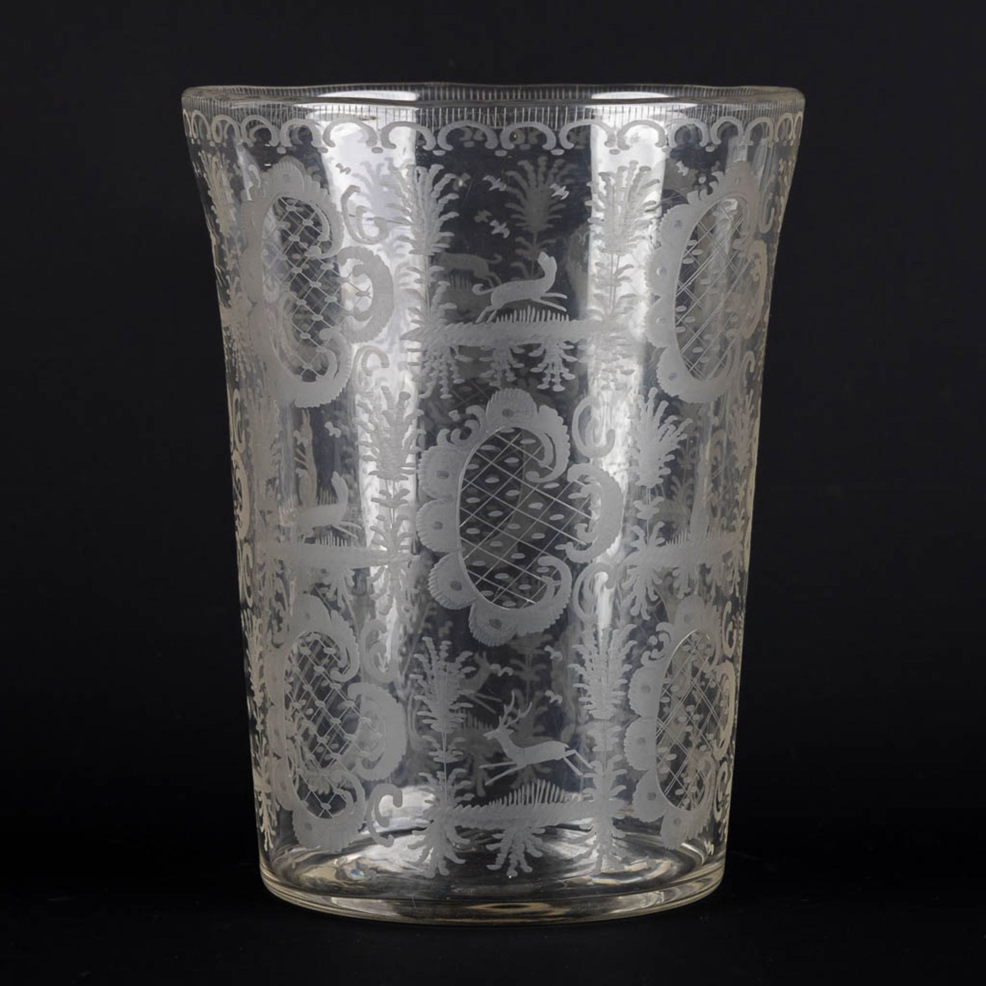 A large Bohemian, hand-made antique vase with etched fauna and flora scenes. 19th C. (H:25,5 x D:19, - Image 4 of 11