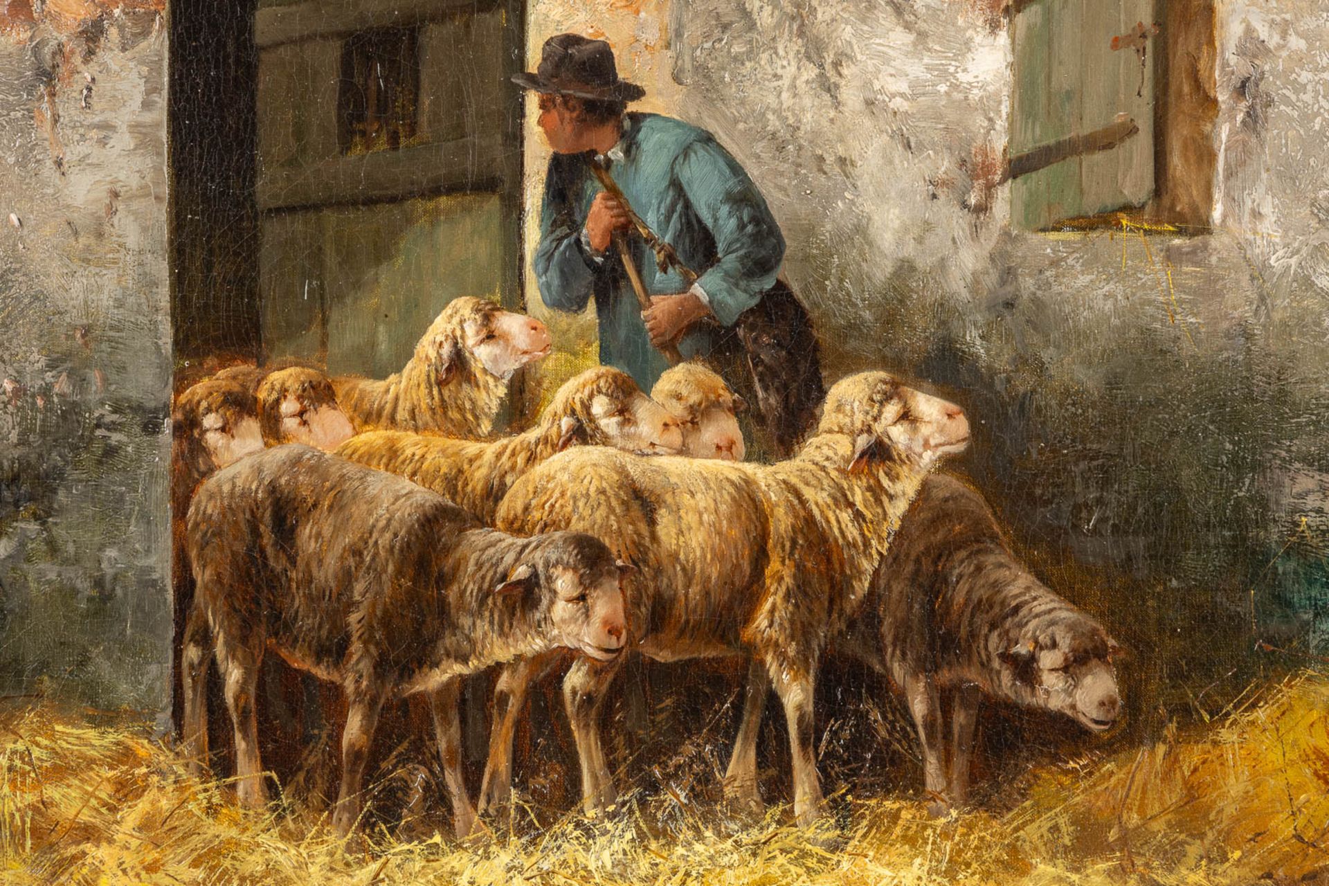 Jules BAHIEU (1847-1916) 'The Sheep Barn'. (W:65,5 x H:49,5 cm) - Image 4 of 6