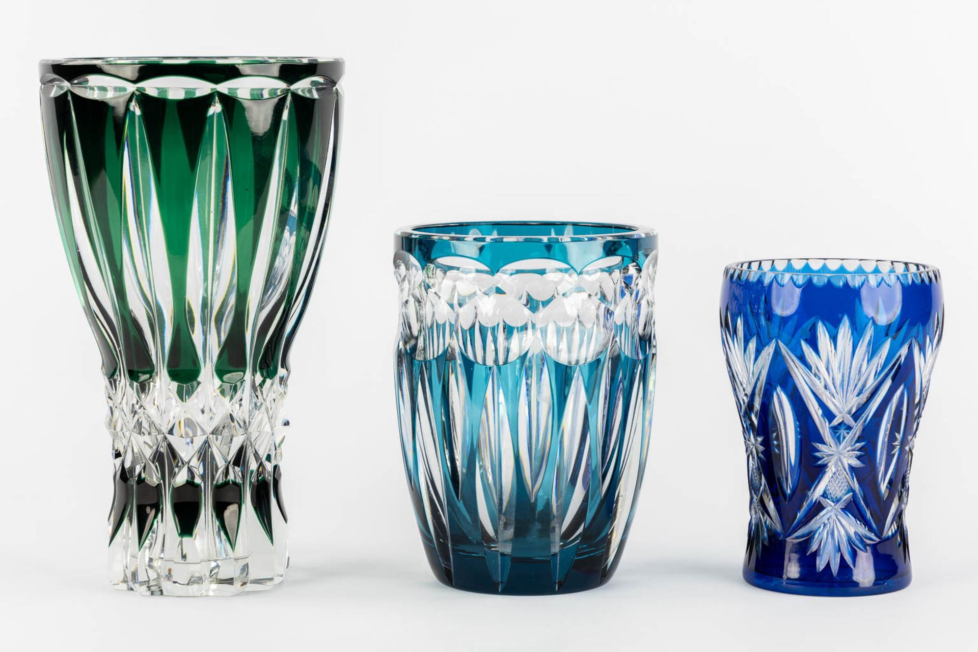 Three cut and coloured crystal vases, the largest signed Val Saint Lambert. (H:28 x D:16 cm) - Image 3 of 9