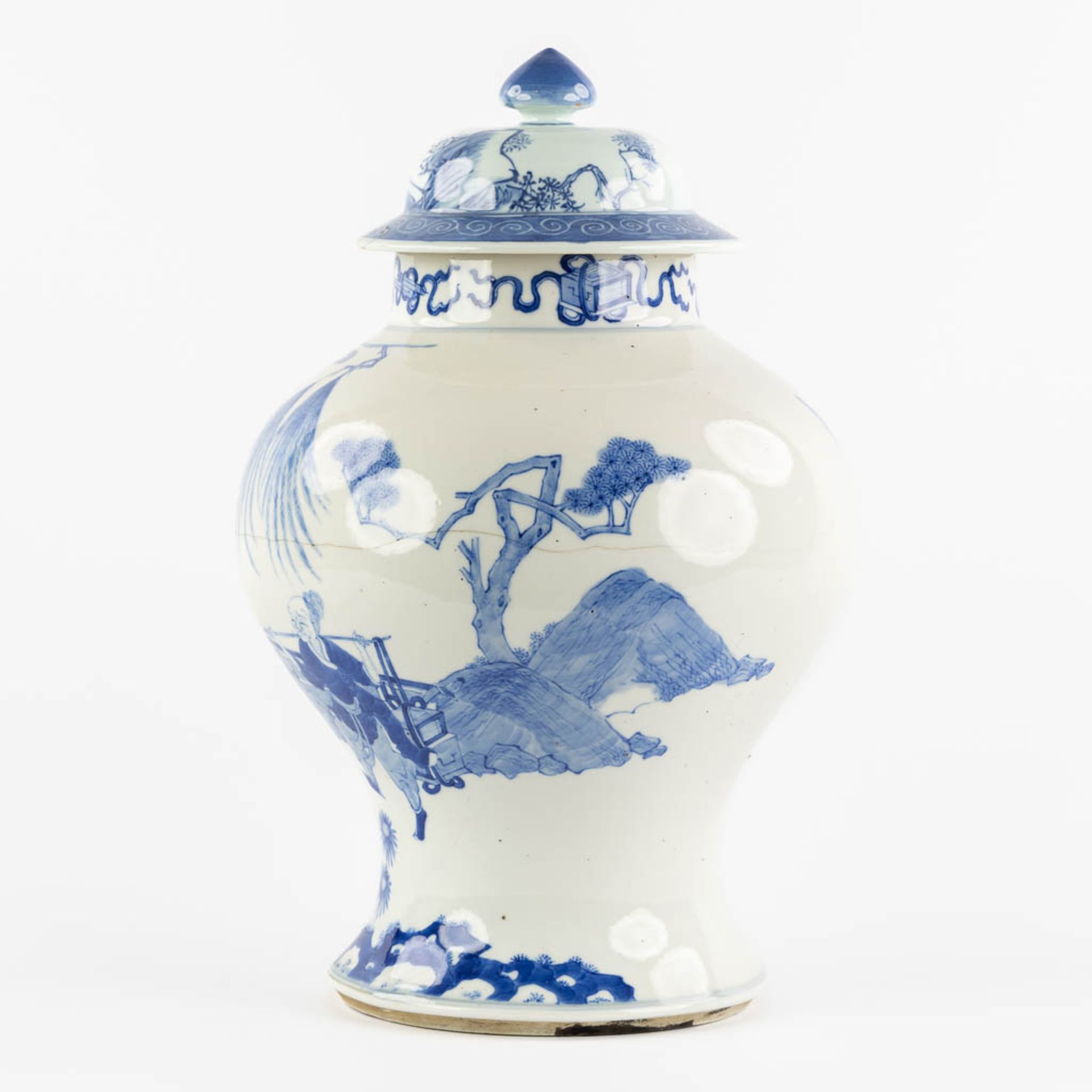 A Chinese 'Baluster' vase, blue-white decor of 'Wise Men'. (H:43 x D:29 cm) - Image 5 of 12