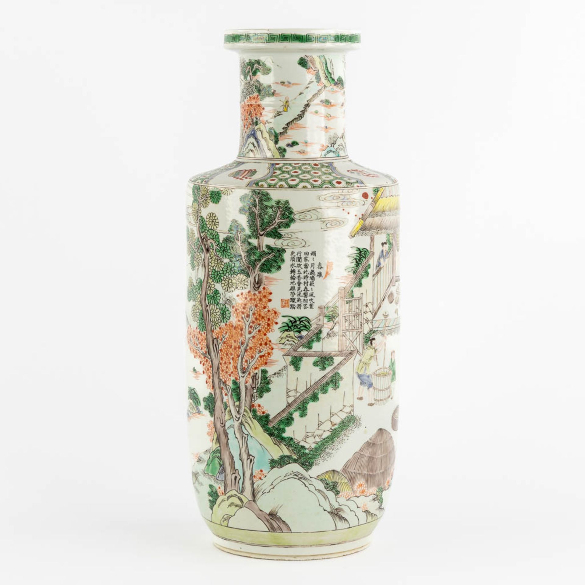 A Chinese Famille Verte 'Roulleau' vase with scènes of rice production. (H:46 x D:18 cm) - Image 3 of 13