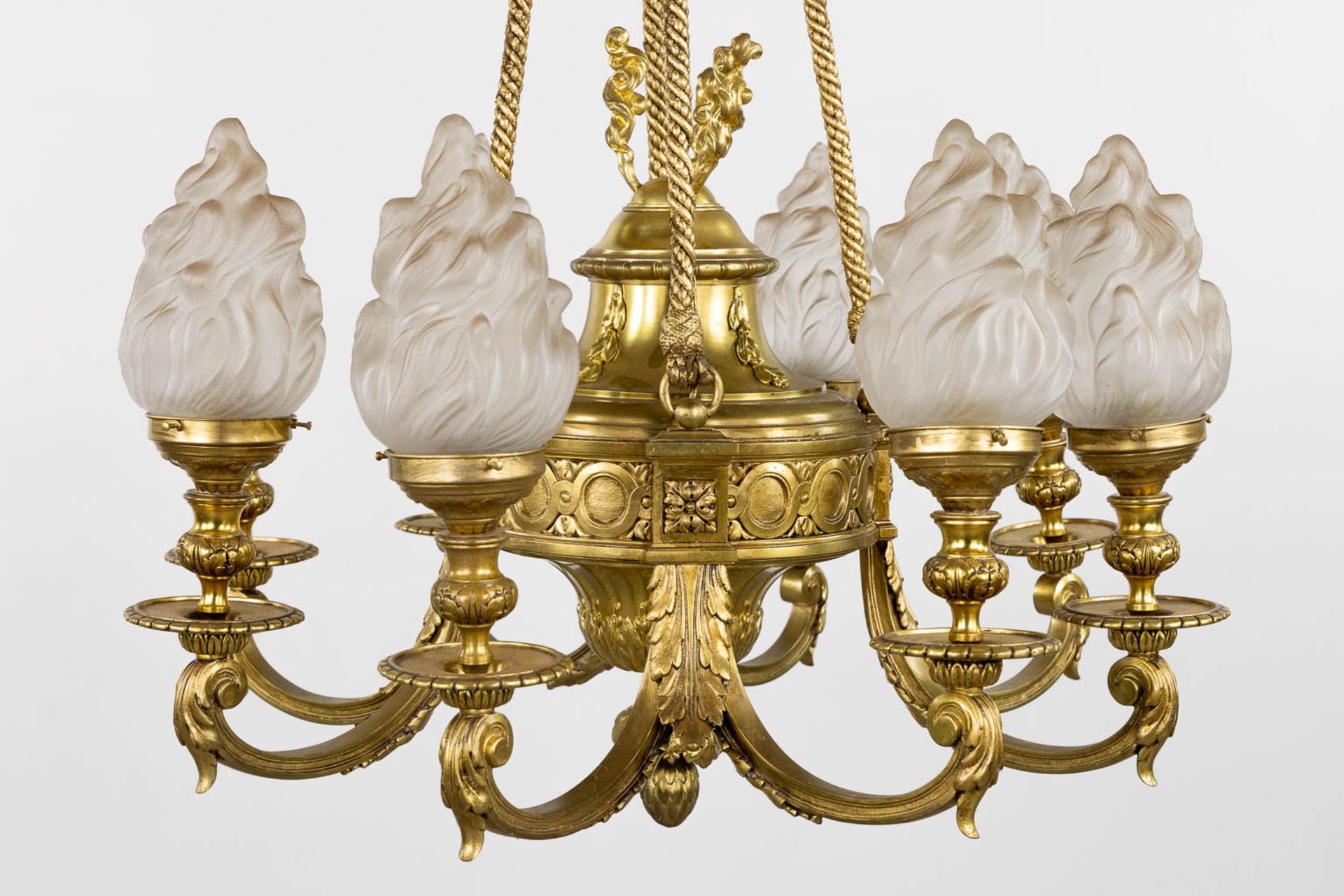 A chandelier, bronze in a Louis XVI style. Gilt bronze. (H:100 x D:72 cm) - Image 3 of 9