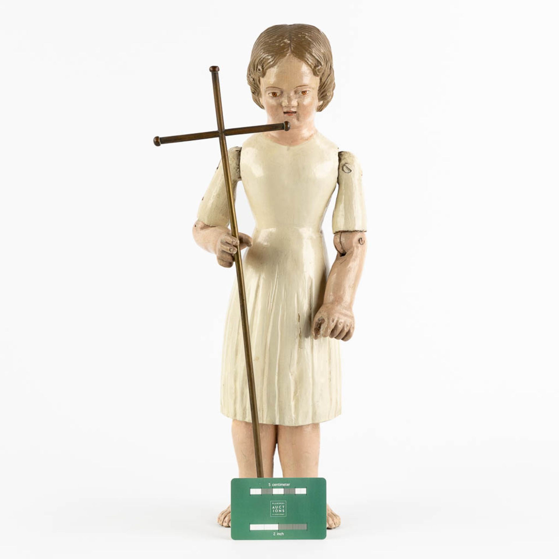 An antique patinated and wood-sculptured doll. 19th C. (L:11,5 x W:17 x H:45 cm) - Image 2 of 12