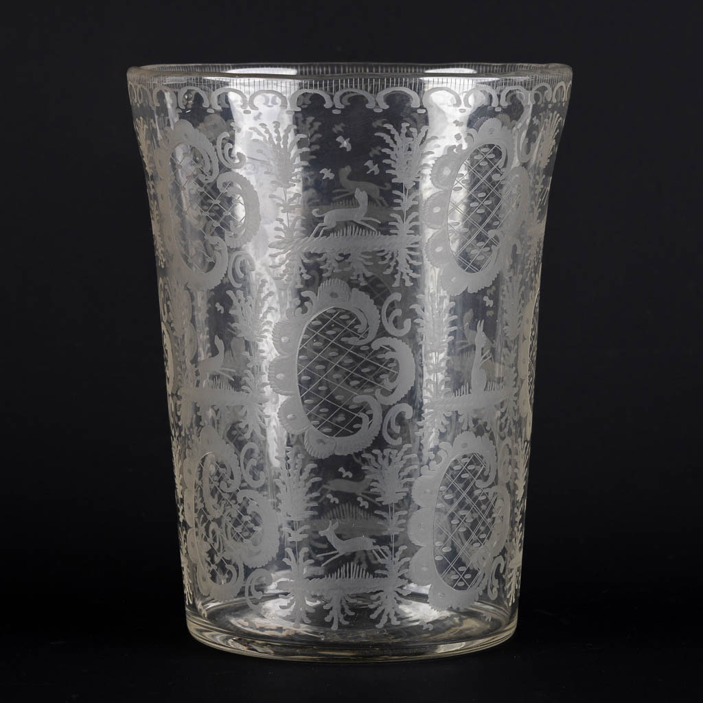 A large Bohemian, hand-made antique vase with etched fauna and flora scenes. 19th C. (H:25,5 x D:19,