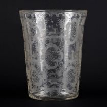 A large Bohemian, hand-made antique vase with etched fauna and flora scenes. 19th C. (H:25,5 x D:19,