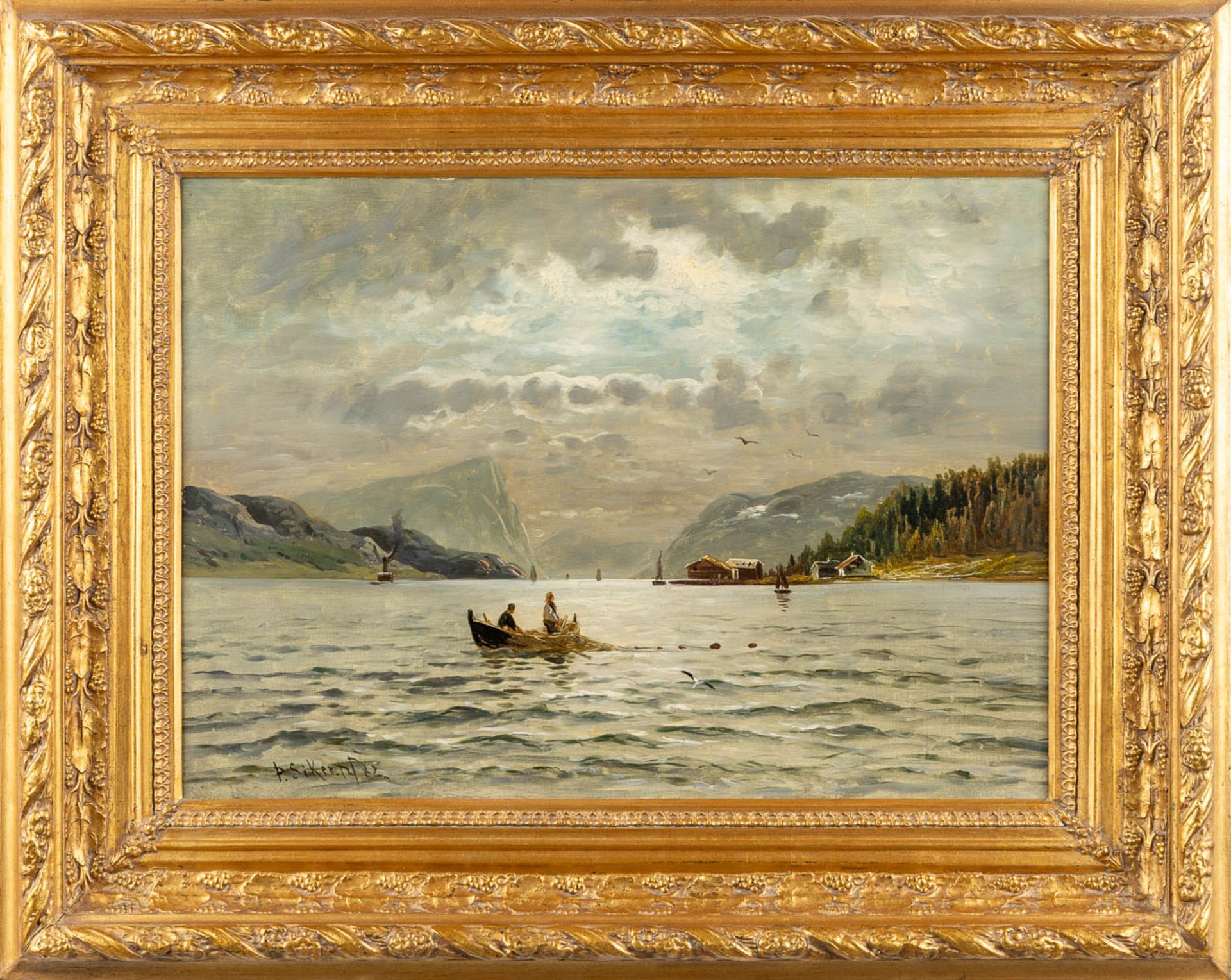 A decorative lake landscape, signed 'Siker' lower left. (W:66 x H:47,5 cm) - Bild 3 aus 6