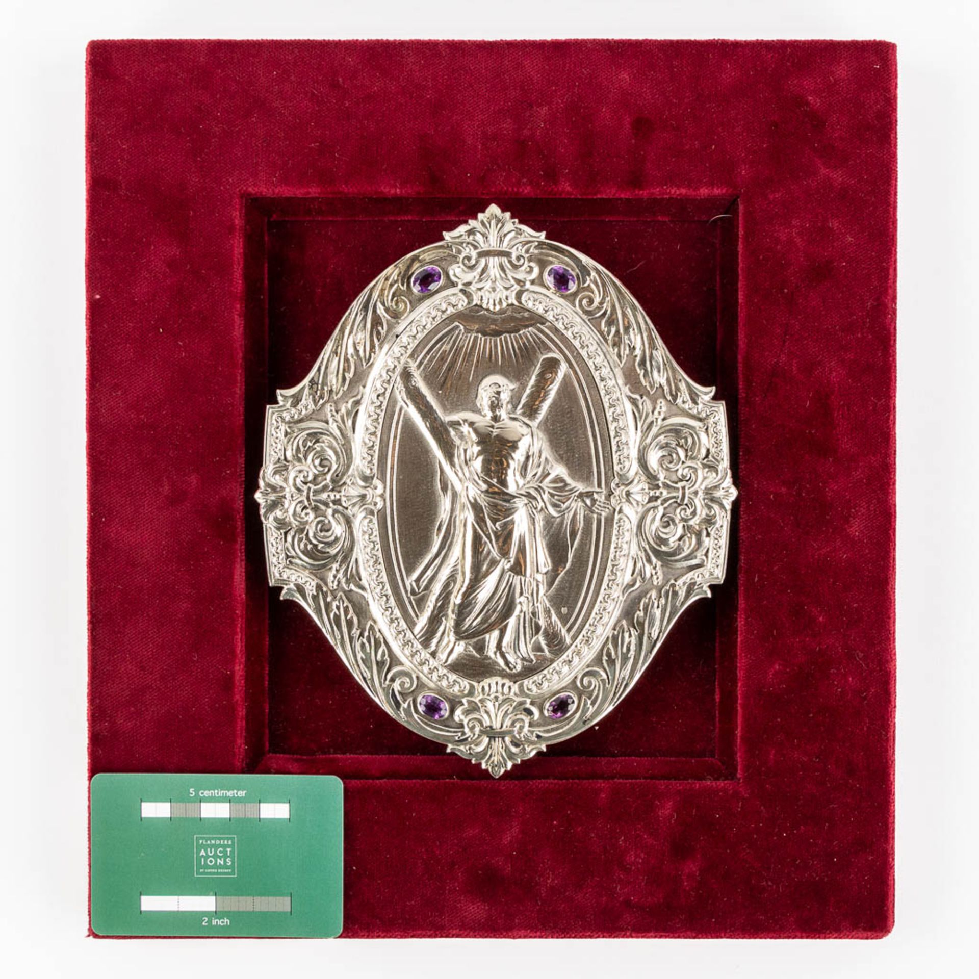 A plaque with an image of Saint Andrew, silver. 900/1000. (W:16 x H:19 cm) - Image 2 of 11