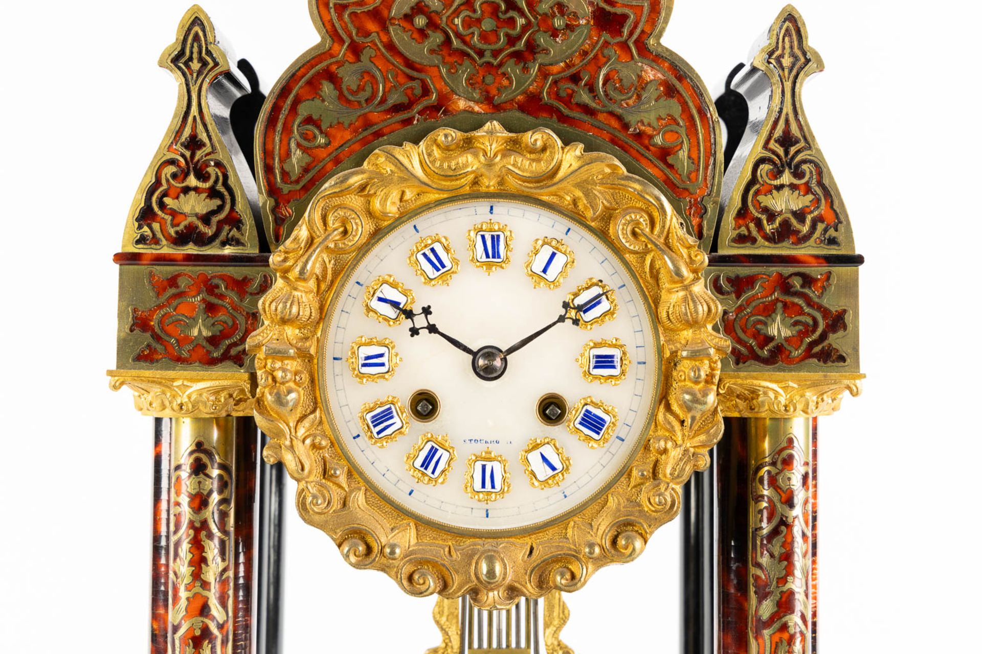 A mantle clock, Boulle marquetry inlay for the Swedish Market, Napoleon 3, 19th C. (L:14 x W:25 x H: - Image 7 of 13