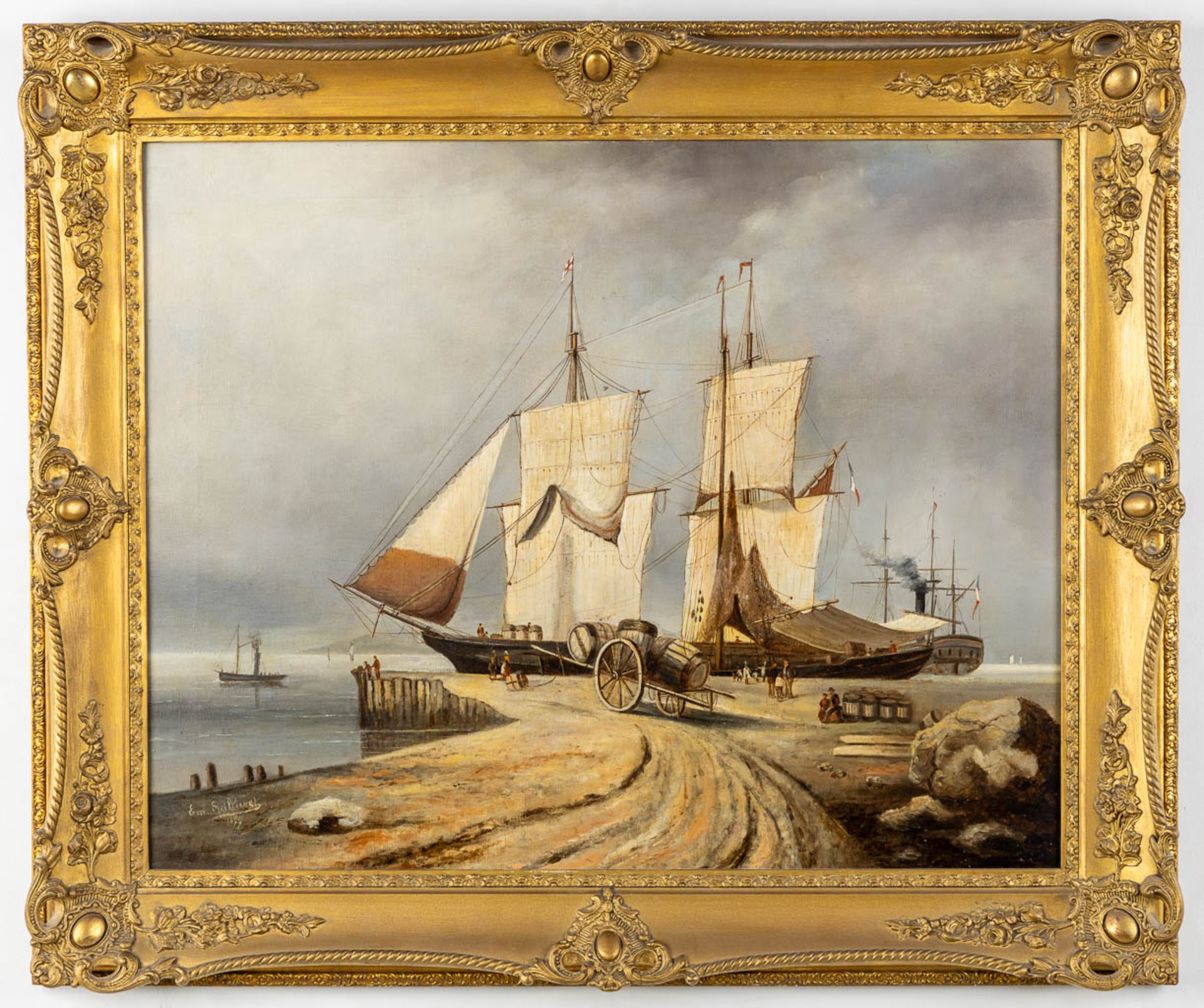 Emile SPILLIAERT (1858-1913) 'Ships at the dock' 1877. (W:80 x H:64 cm) - Image 3 of 7
