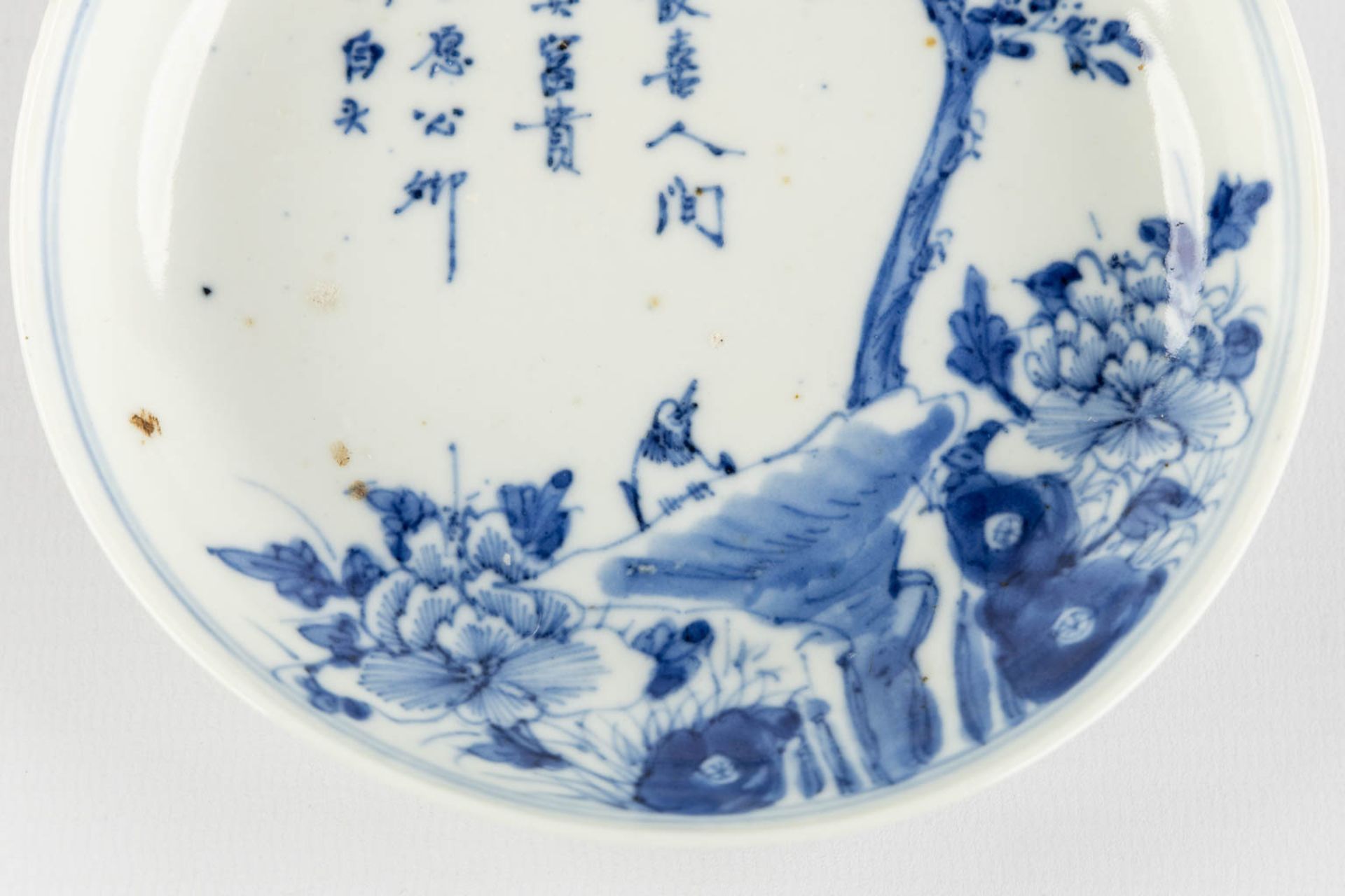 A Chinese plate, blue-white decor of fauna and flora. Kangxi mark. (H:3 x D:13,5 cm) - Bild 4 aus 7