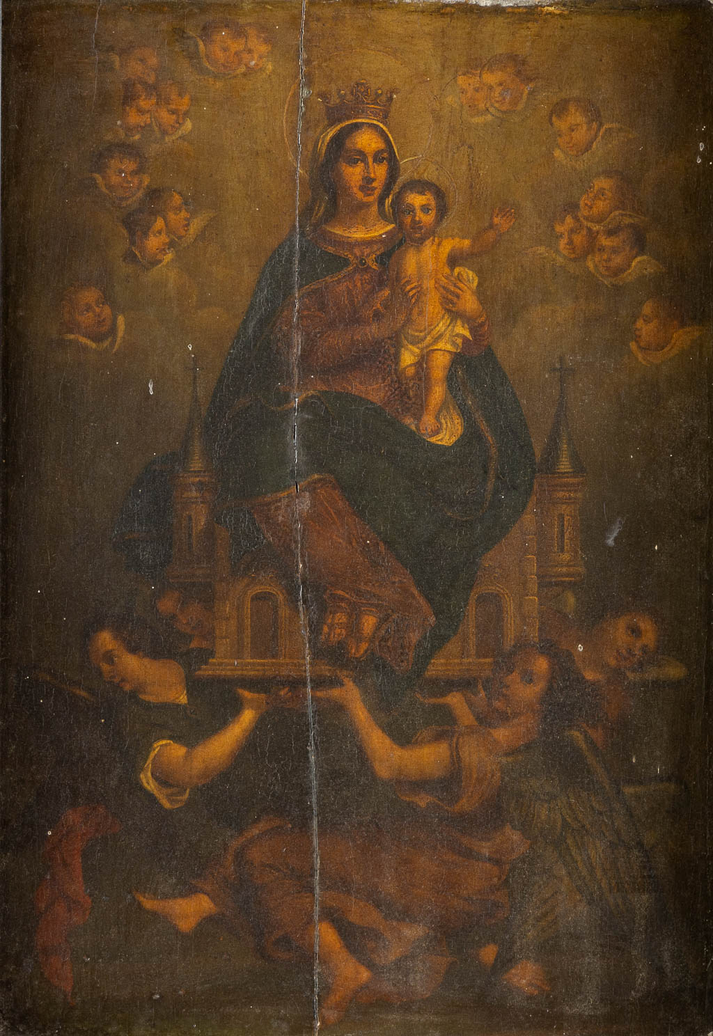 Madonna with a Child, seated on a castle supported by Angels, oil on panel. 18th C. (W:32 x H:45,5 c