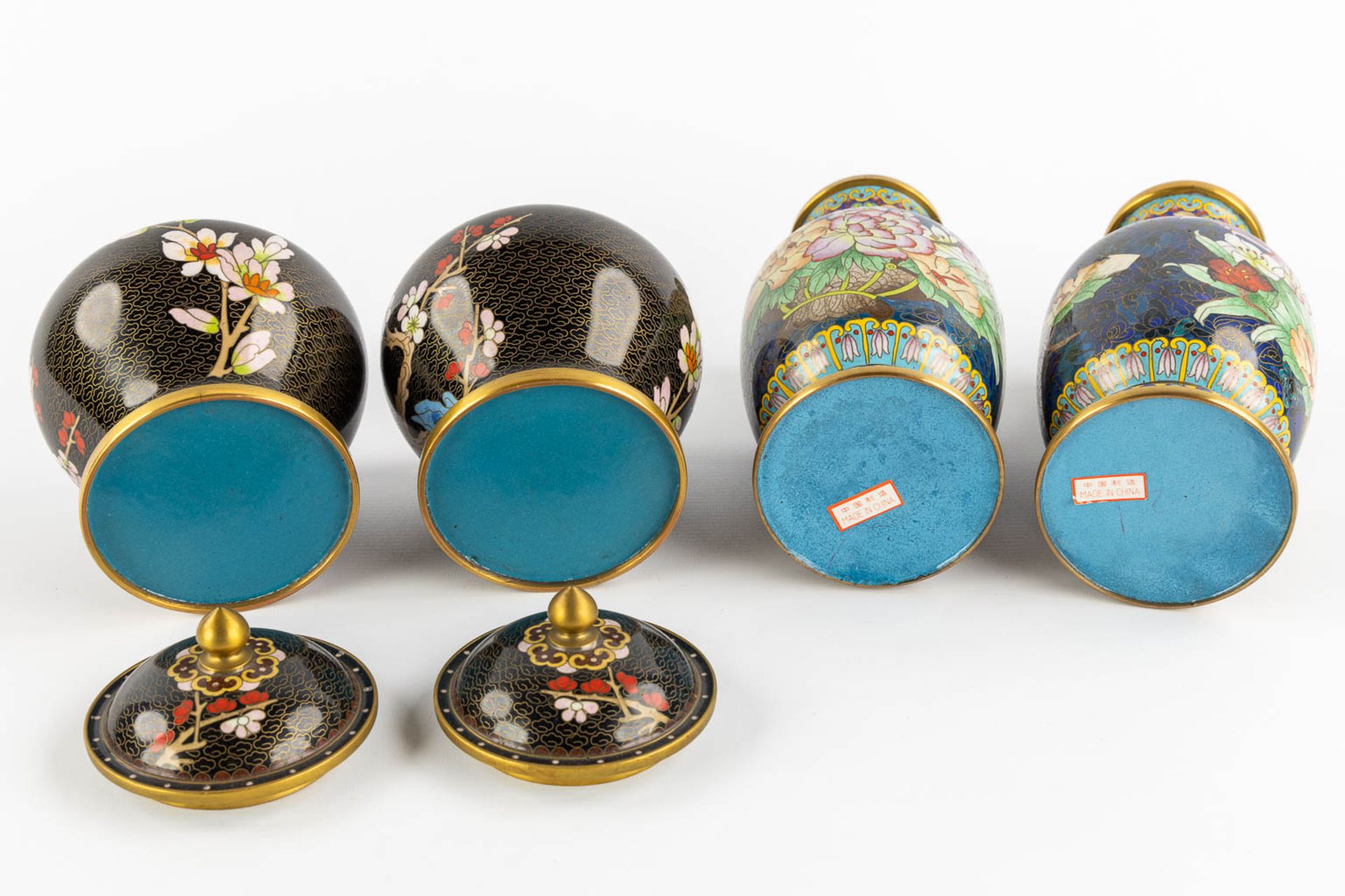 Twelve pieces of Cloisonné enamelled vases and trinklet bowls. Three pairs. (H:23 cm) - Image 14 of 14