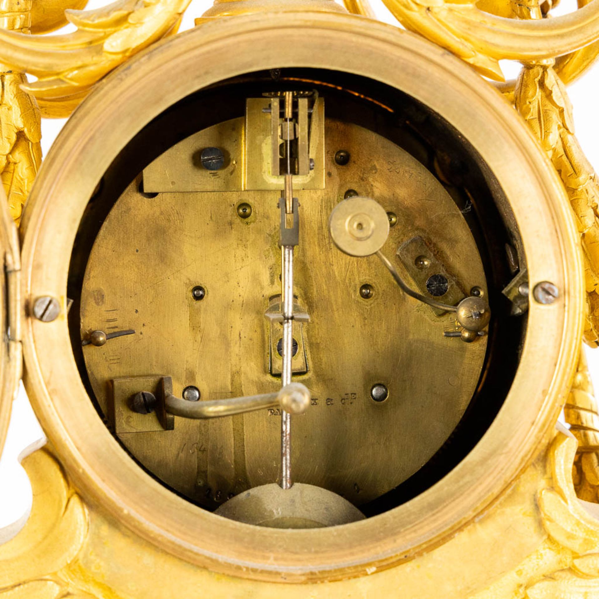 Lerolle Paris, a three-piece mantle garniture clock and candelabra, gilt bronze. France, 19th C. (L: - Bild 19 aus 21