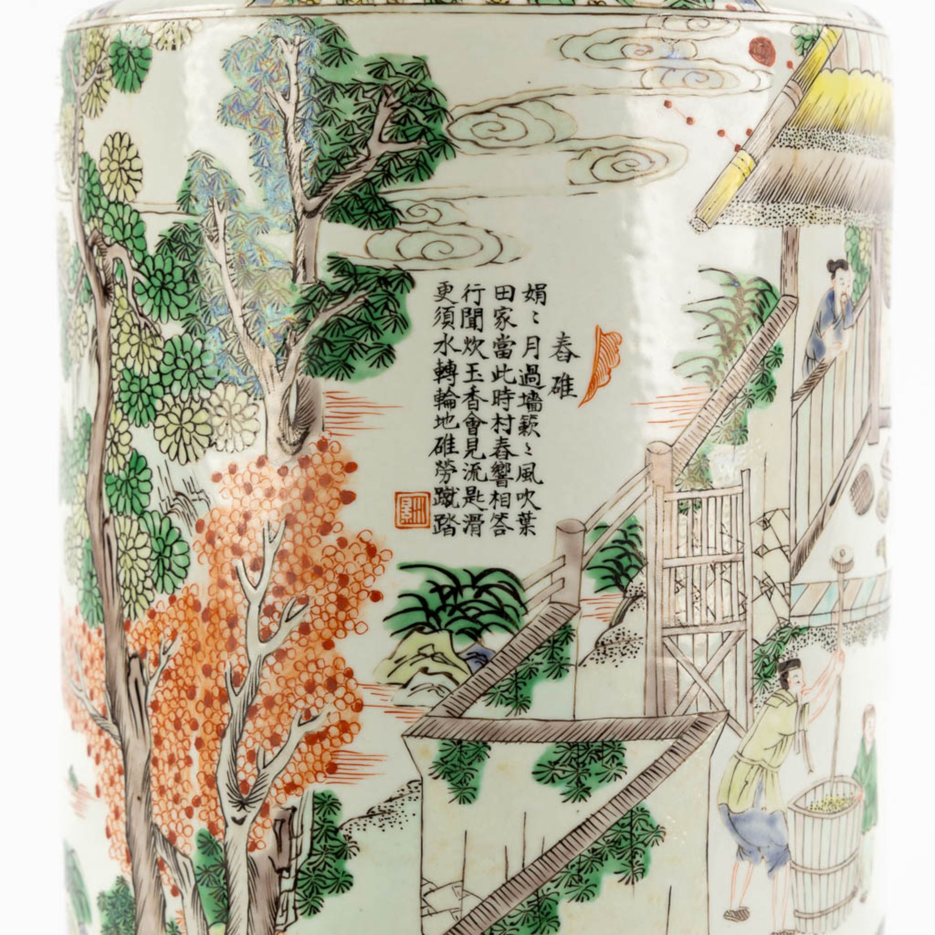 A Chinese Famille Verte 'Roulleau' vase with scènes of rice production. (H:46 x D:18 cm) - Image 13 of 13
