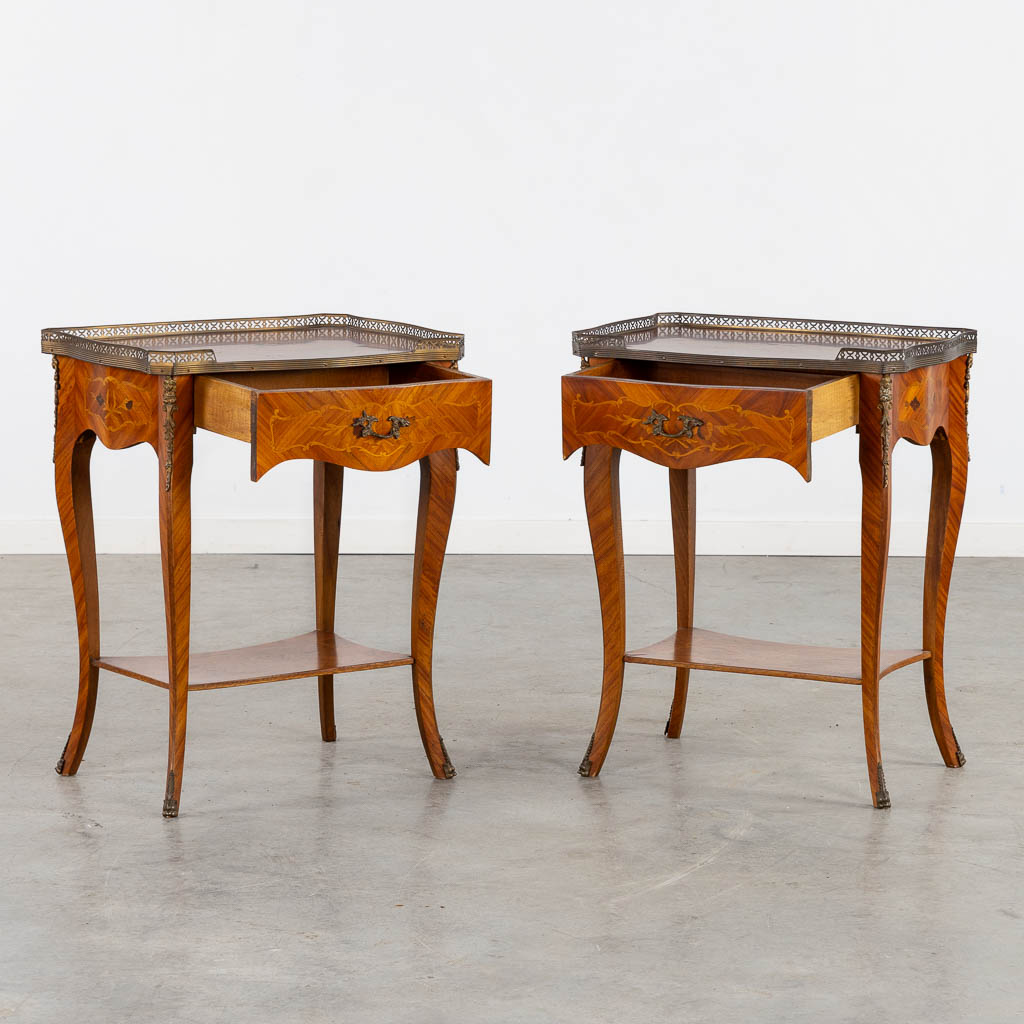 A pair of side tables, marquetry inlay and mounted with bronze. (L:37 x W:51 x H:65 cm) - Image 3 of 13