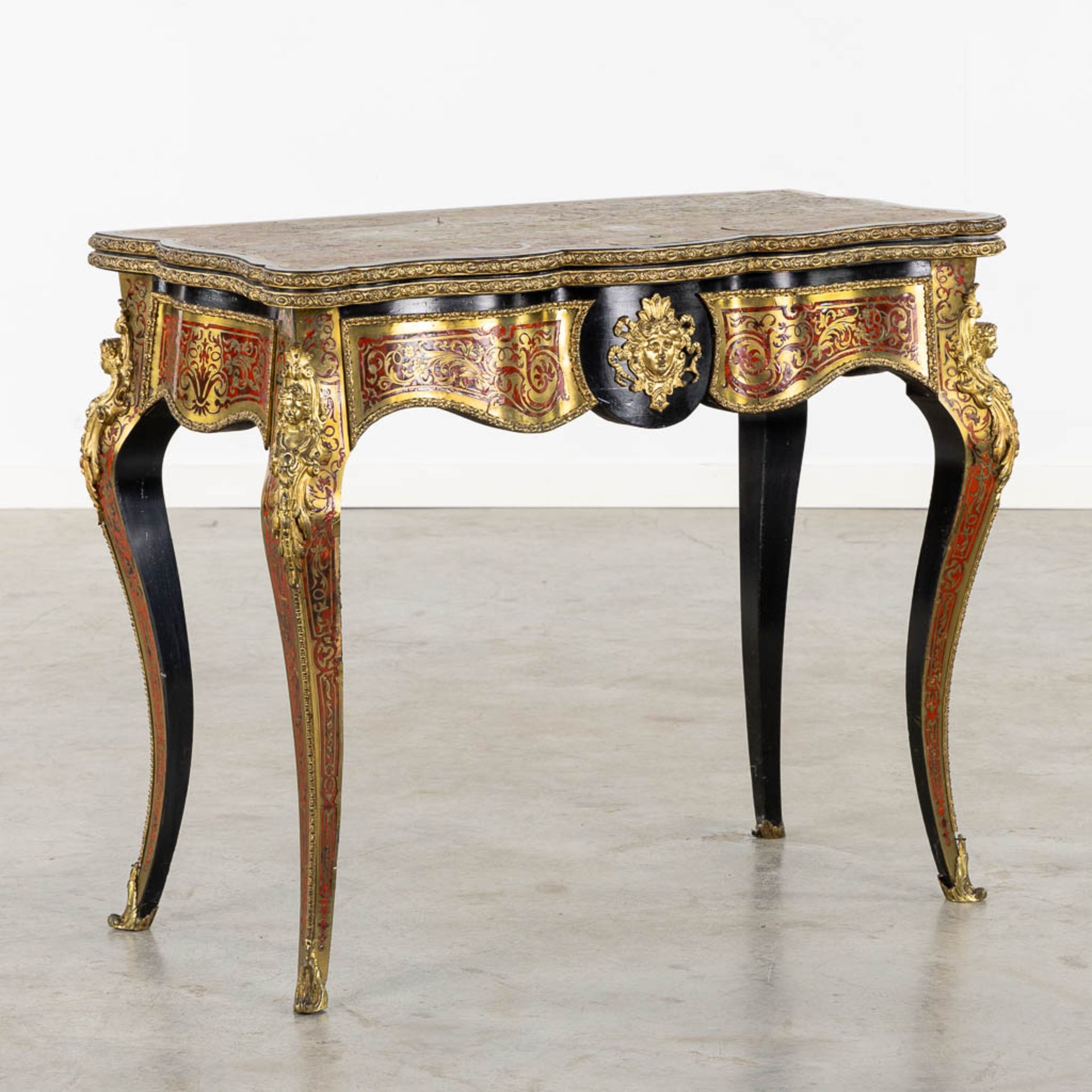 A 'Boulle inlay' card playing table mounted with gilt bronze, Napoleon 3, 19th C. (L:45 x W:87 x H:7