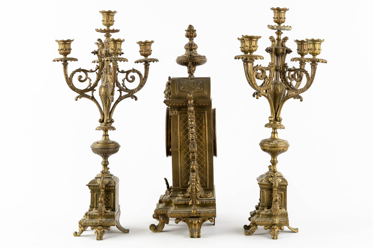 A three-piece mantle garniture clock and candelabra, patinated bronze. (L:16 x W:33 x H:50 cm) - Image 8 of 13