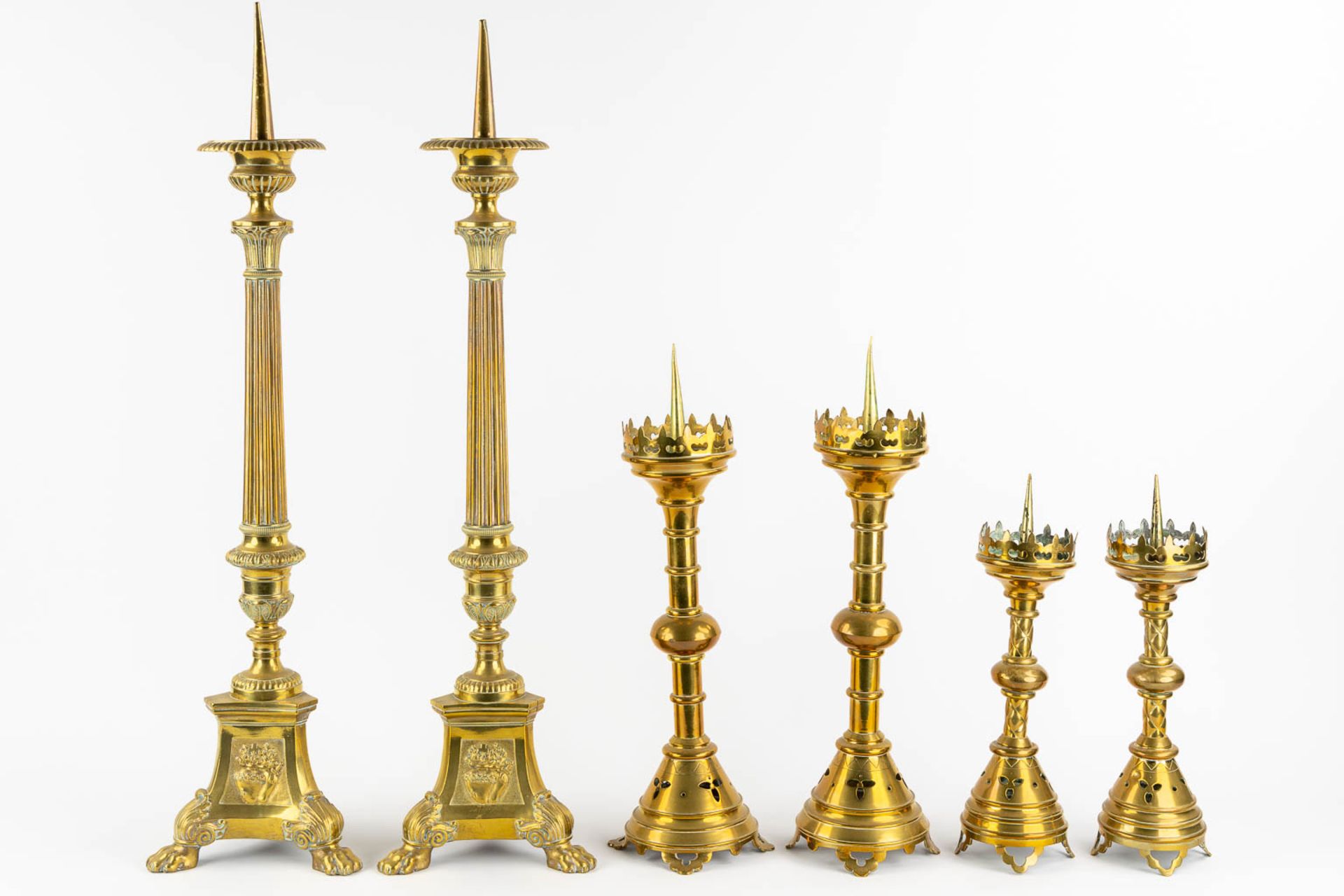 Three pairs of Church candlesticks, brass. Gothic Revival. (H:86 cm) - Image 3 of 16